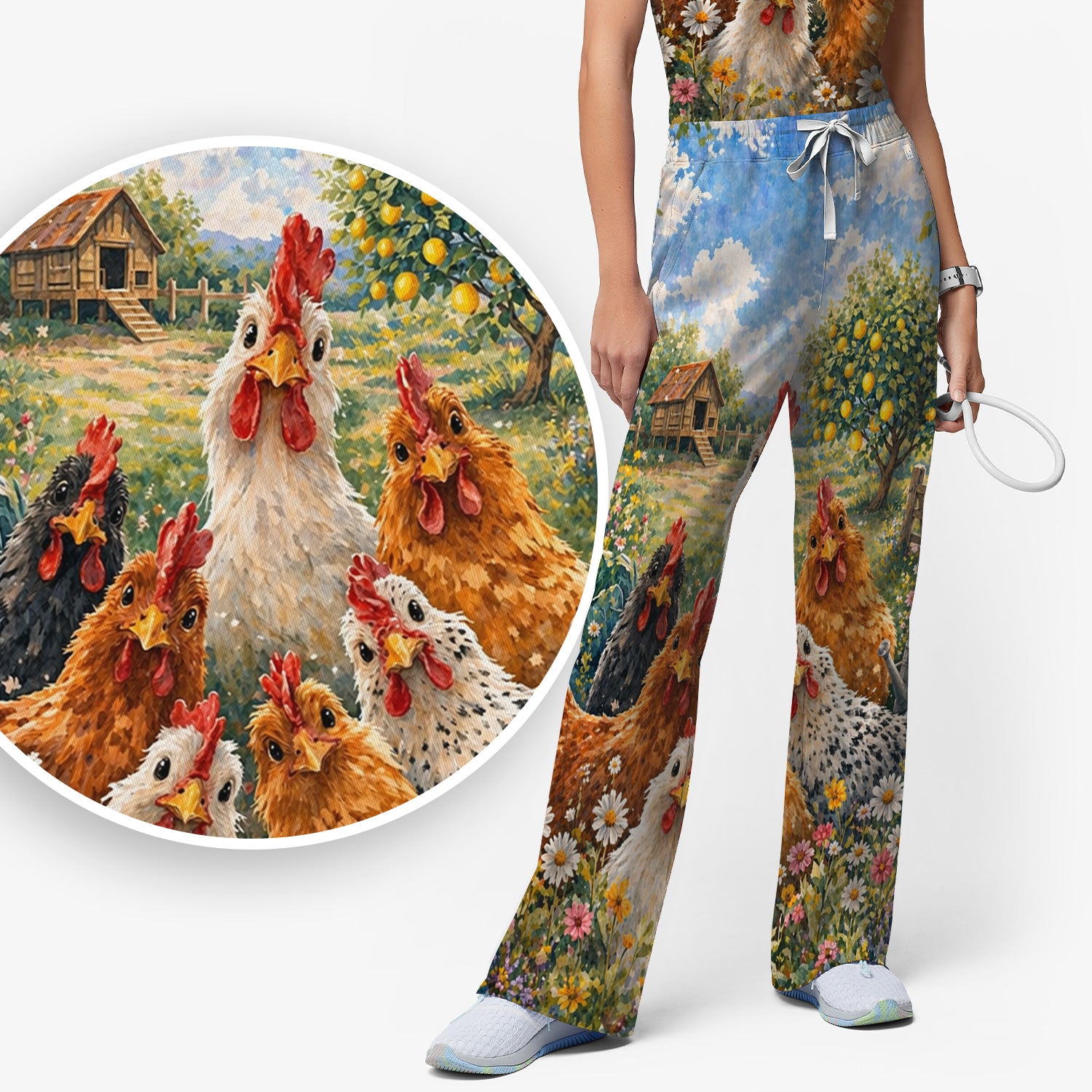 Rustic Chicken Family Farm Garden Pattern Nurse Scrub Set, Scrub Pants and V Neck Top
