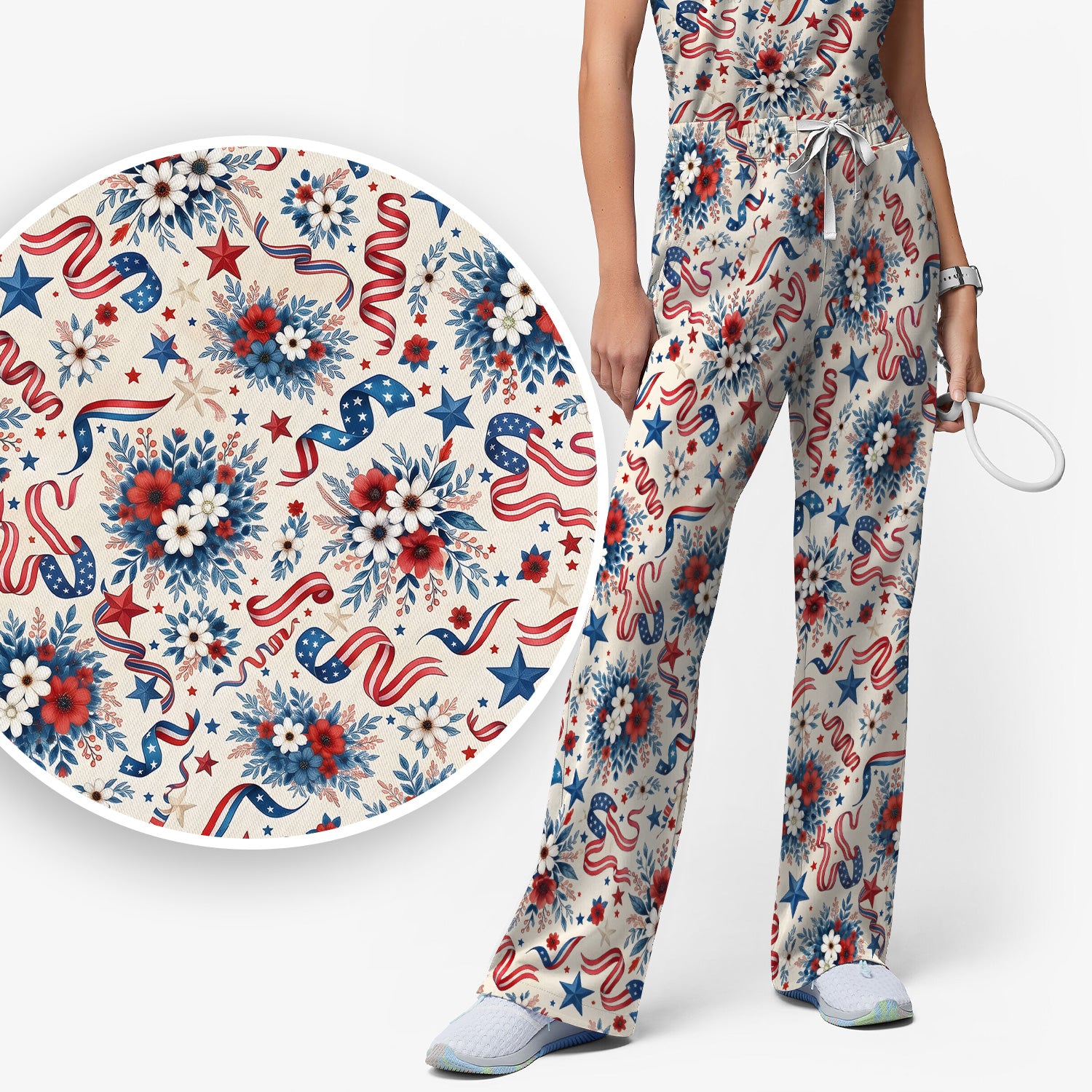 Patriotic Floral Ribbon Nurse for RN & CNA, Americana Healthcare Workers Uniform Scrub Set, Scrub Pants and V Neck Top