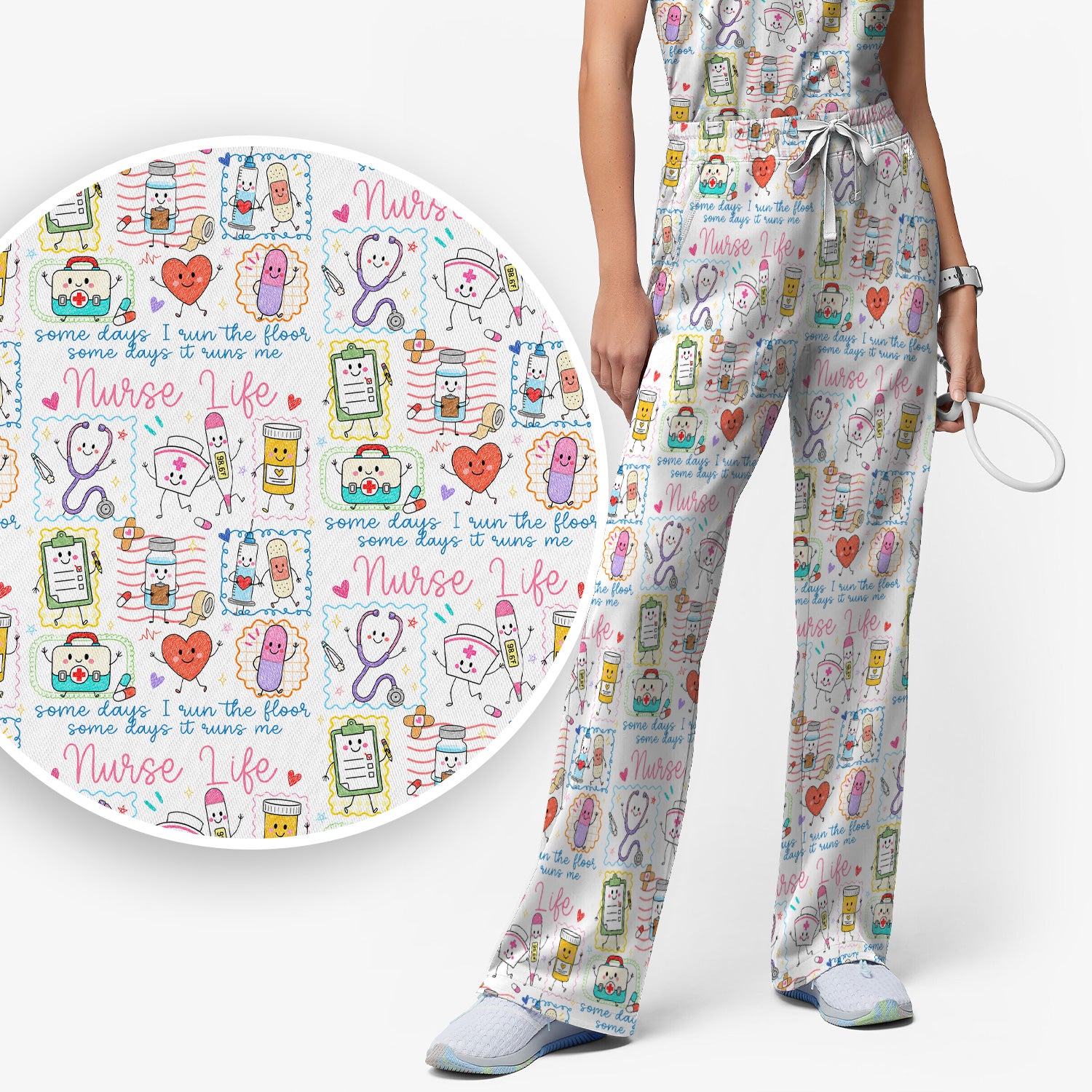 Cute Nurse Life Doodle Pediatric Nurse Scrub Set, Scrub Pants and V Neck Top