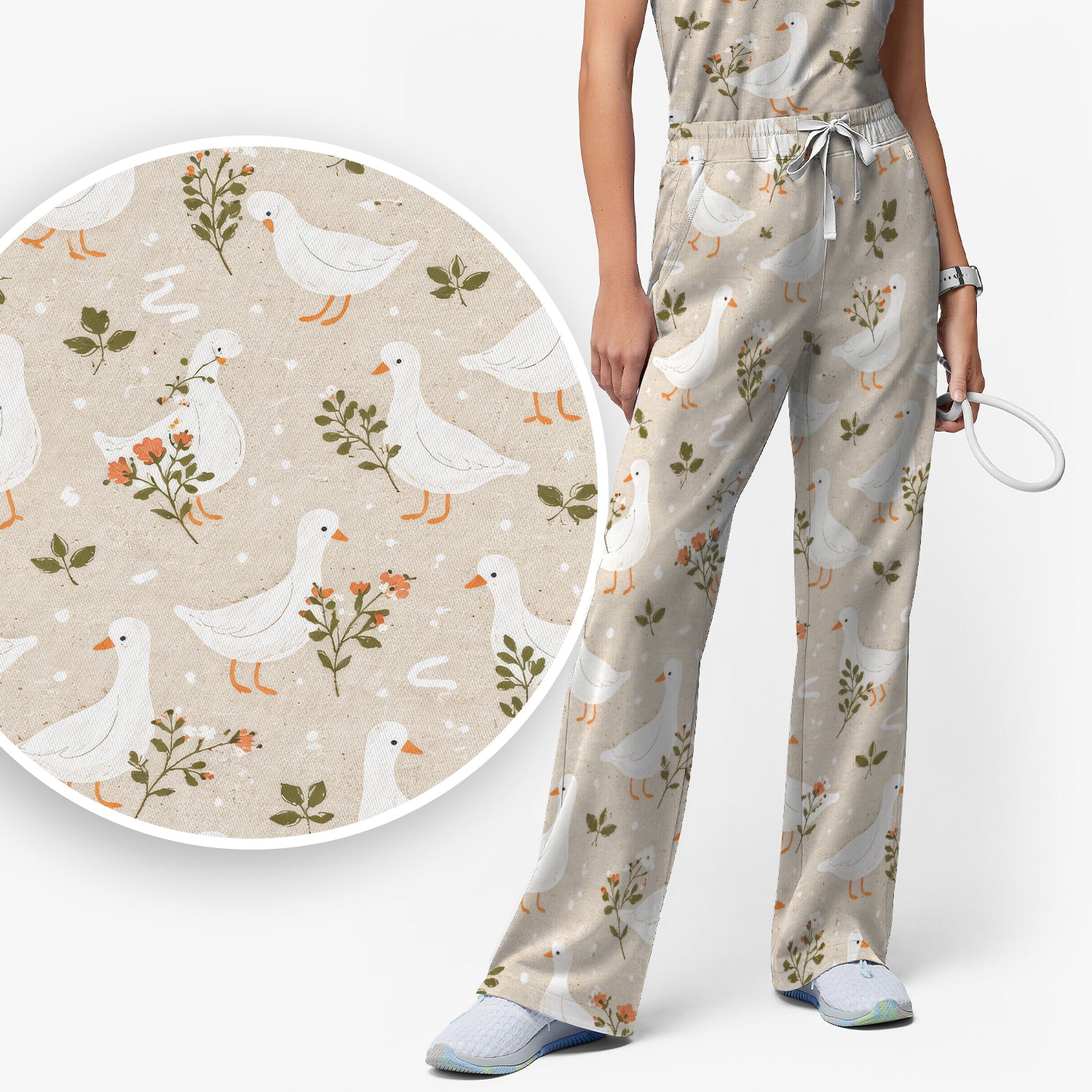 White Goose Floral Meadow Pattern Scrub Set, Scrub Pants and V Neck Top