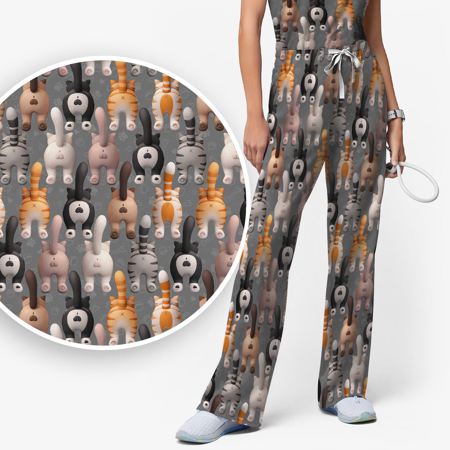 Funny Cat Butt Paw Print Pattern Scrub Set, Nurse Uniform Scrubs Set