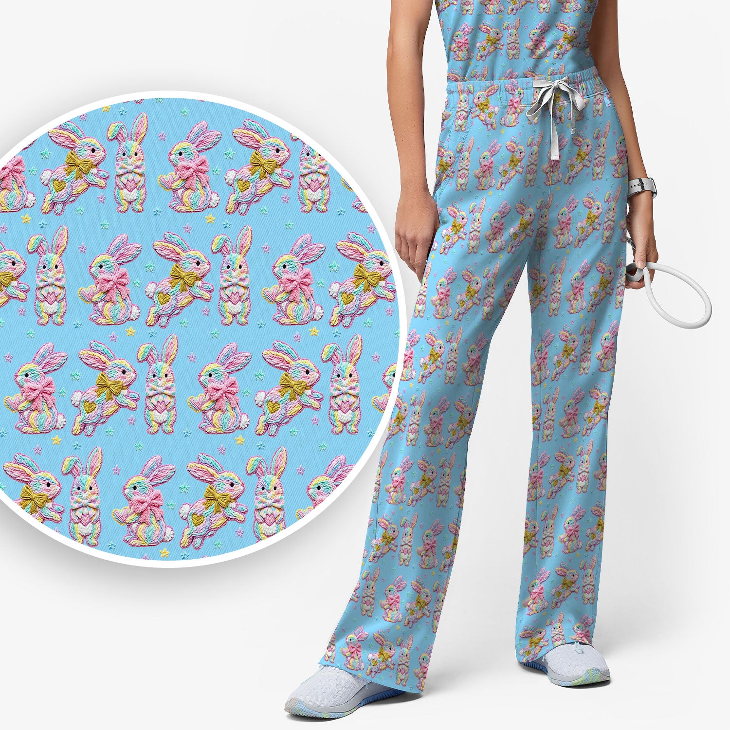 Cartoon Bunny All Over Print Set, Scrub Pants and V Neck Top