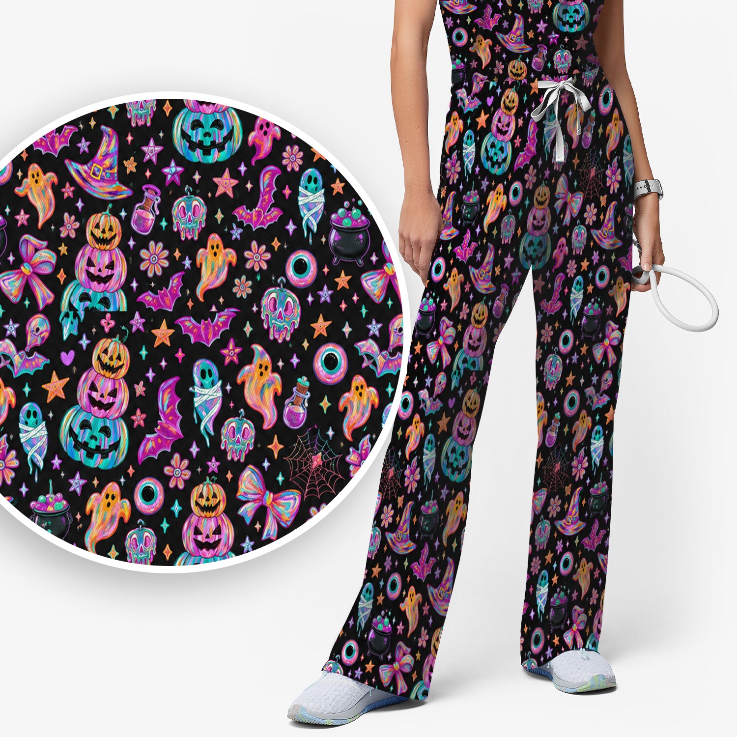 Halloween Ghost with Pumpkin Bat Print Scrub Set, Scrub Pants and V Neck Top