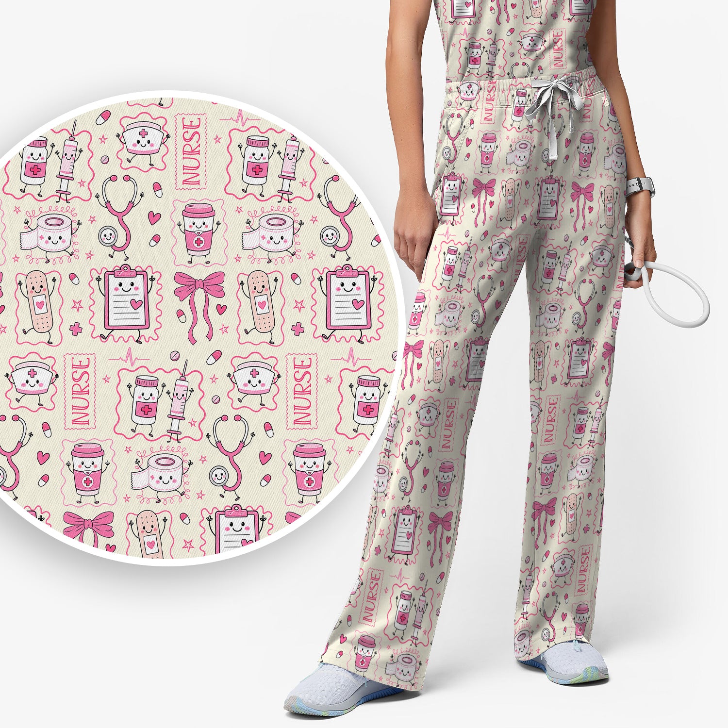 Cute Nurse Doodle with Bandage & Coffee Icons Scrub Set, Scrub Pants and V Neck Top