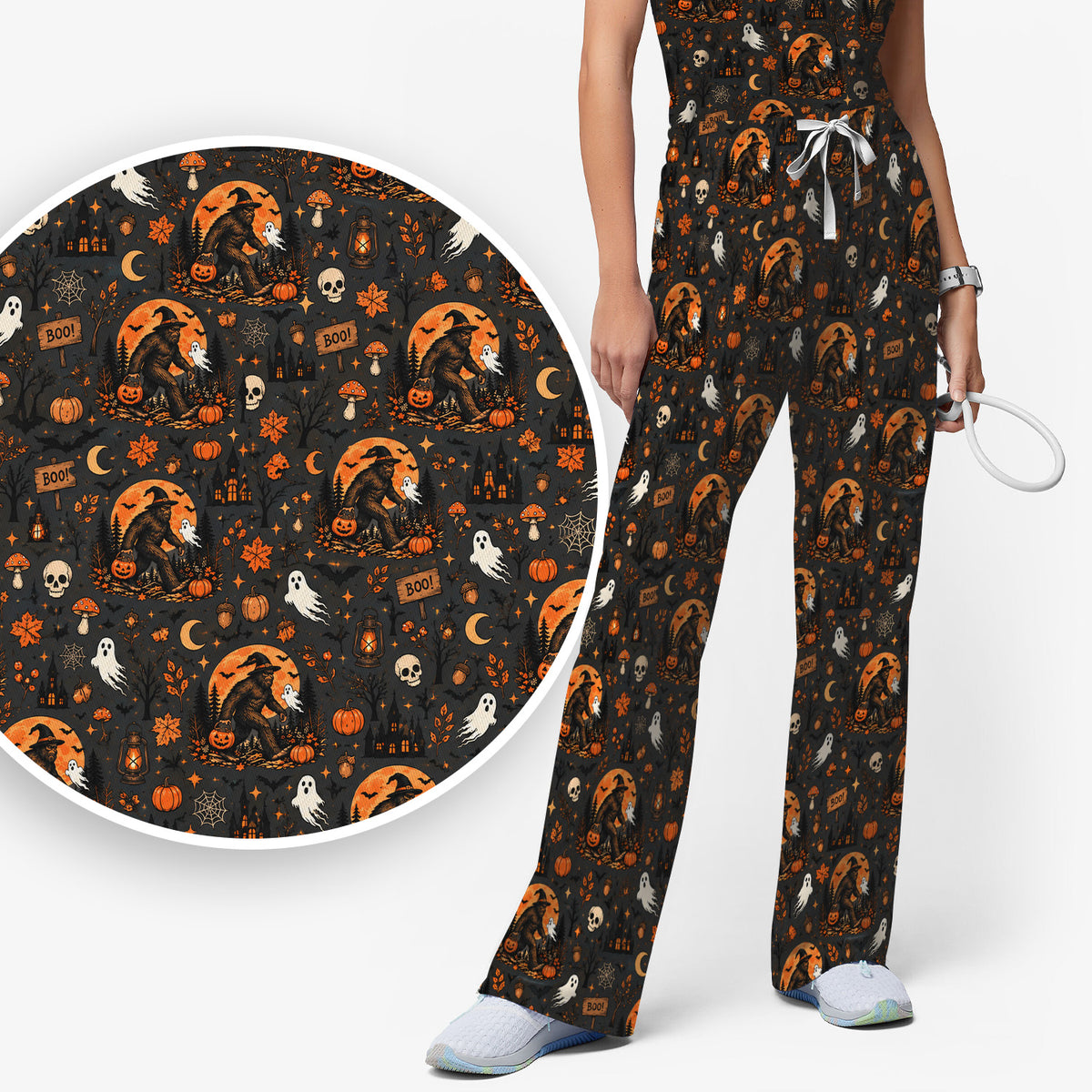 Halloween Bigfoot Ghost with Pumpkin Scrub Set, Scrub Pants and V Neck Top