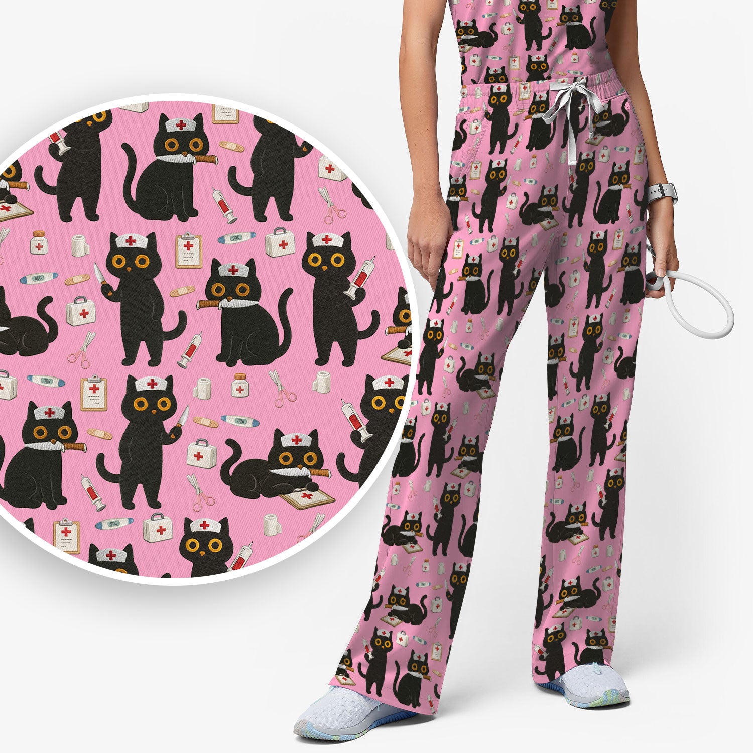 Cute Black Cat Nurse Pattern Women's Scrub Set, Breathable Med Uniform