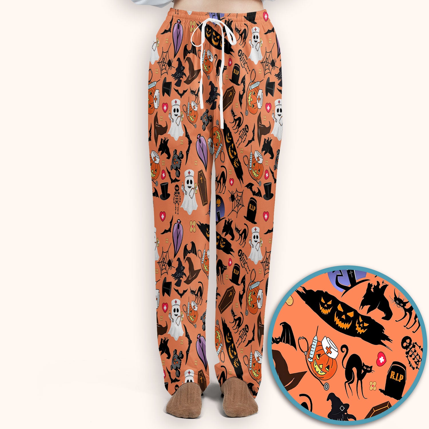 Spooky Halloween Scrub Set - Pumpkin Ghost Bat Nurse Scrubs Pants and V Neck Top - Wicked Witch Medical Uniform for RN CNA LPN