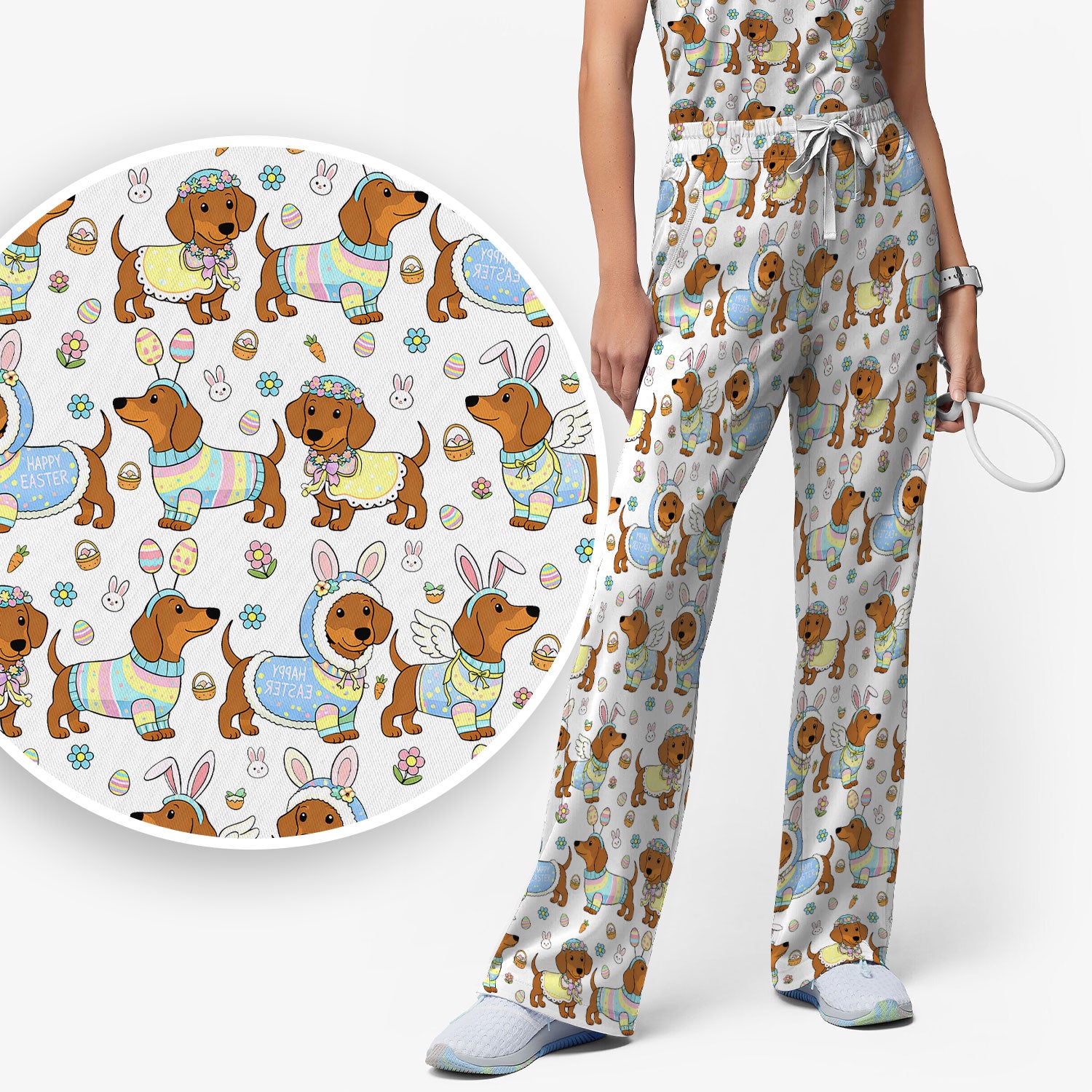 Easter Dachshund Bunny Pattern Scrub Set, Scrub Pants and V Neck Top