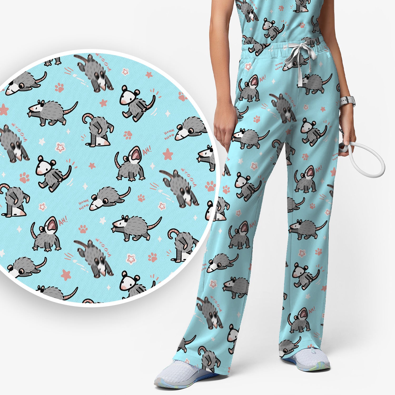 Playful Cartoon Opossum Character Pattern Scrub Set, Women's Scrub Sets