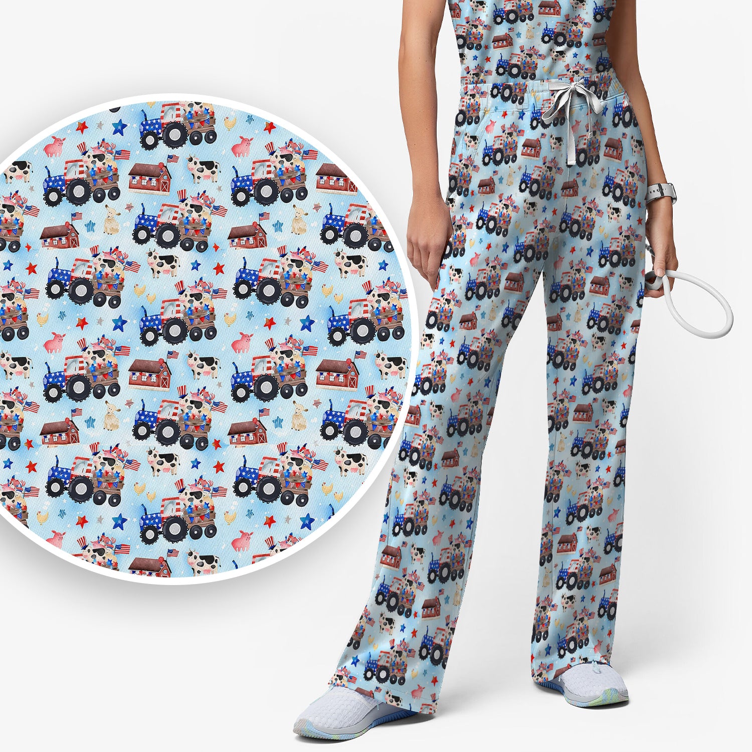Patriotic Cow Tractor Farm Stars Pattern Scrub Set, Scrub Pants and V Neck Top