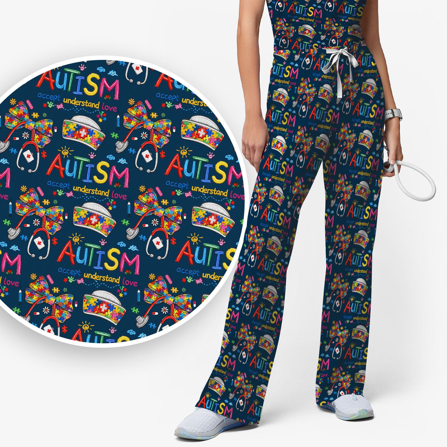 Autism Awareness Pattern Nurse Scrub Set, Accept Understand Love Puzzle Nurses Shirt, Breathable Fabrics Nursing Uniform