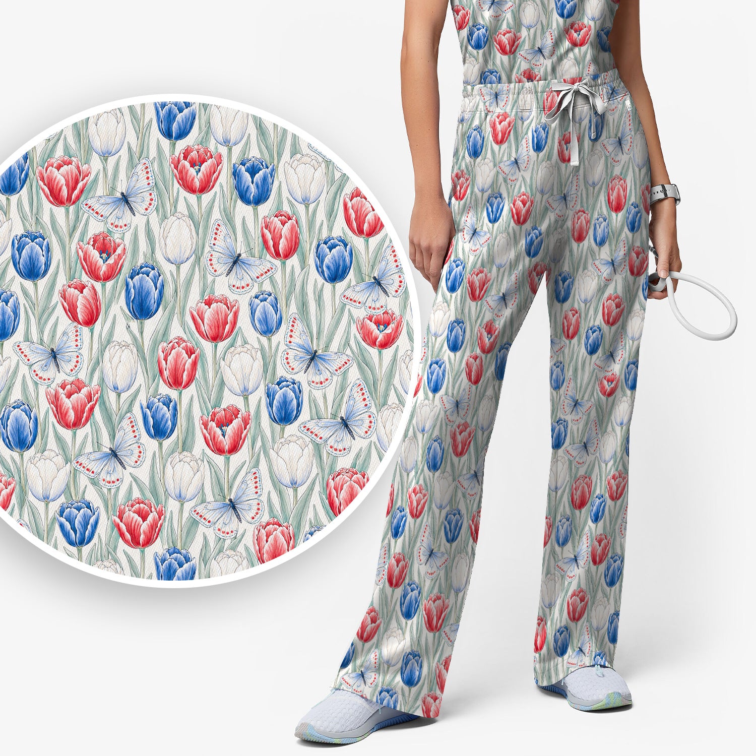 Patriotic Tulip Butterfly Nurse for RN, CNA, Healthcare Workers Scrub Set, Scrub Pants and V Neck Top