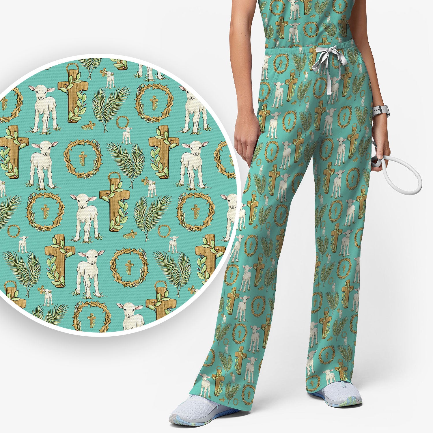 Faith Lamb Cross Pattern Women's Scrub Set, Scrub Pants and V Neck Top