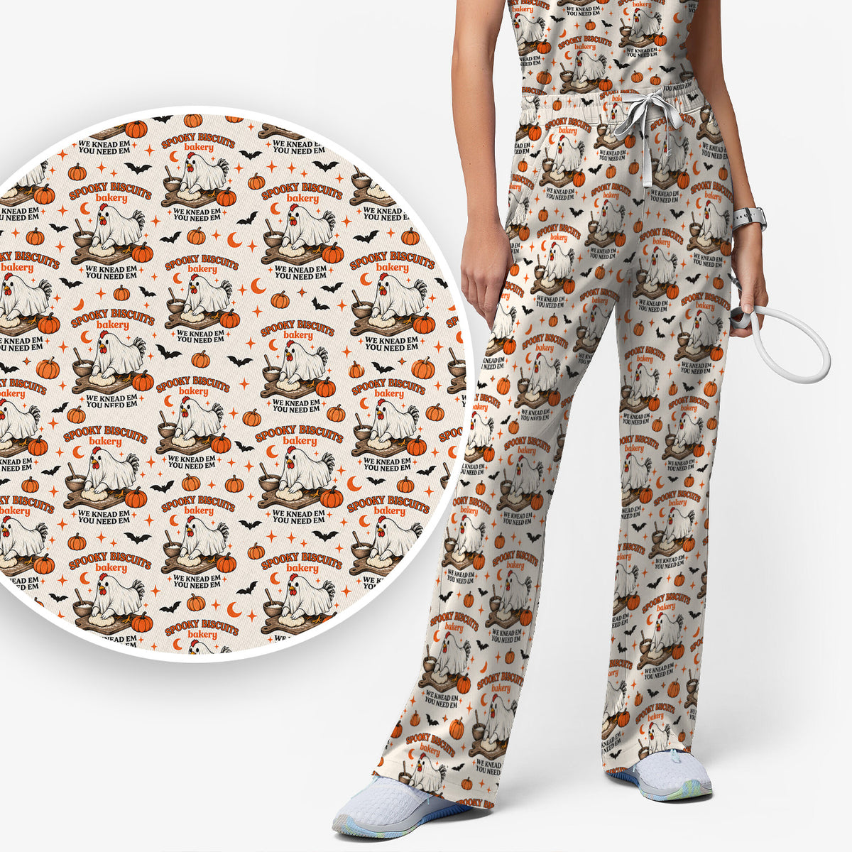 Halloween Spooky Biscuits Chicken Pattern Scrub Set, Scrub Pants and V Neck Top