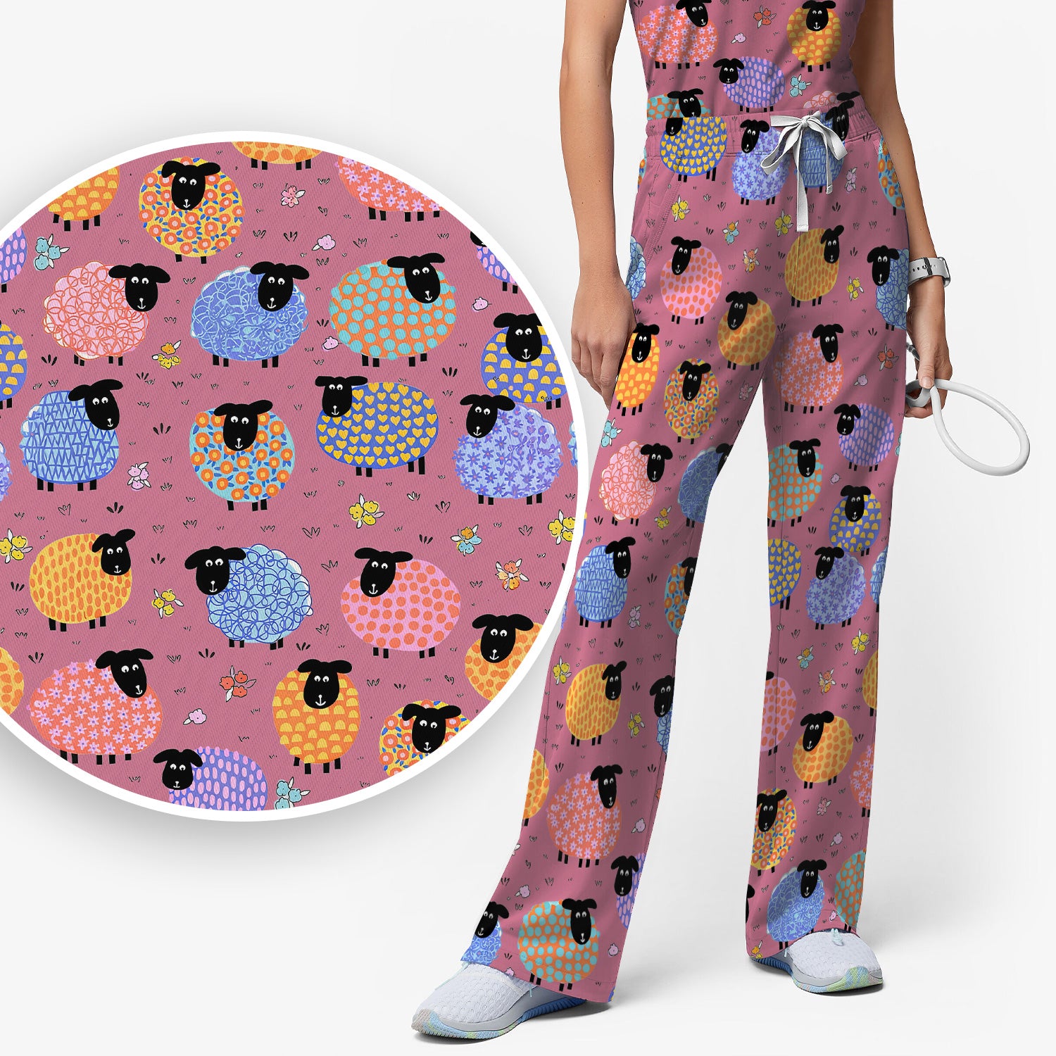 Funny Colorful Sheep Pattern Scrub Set, Scrub Pants and V Neck Top