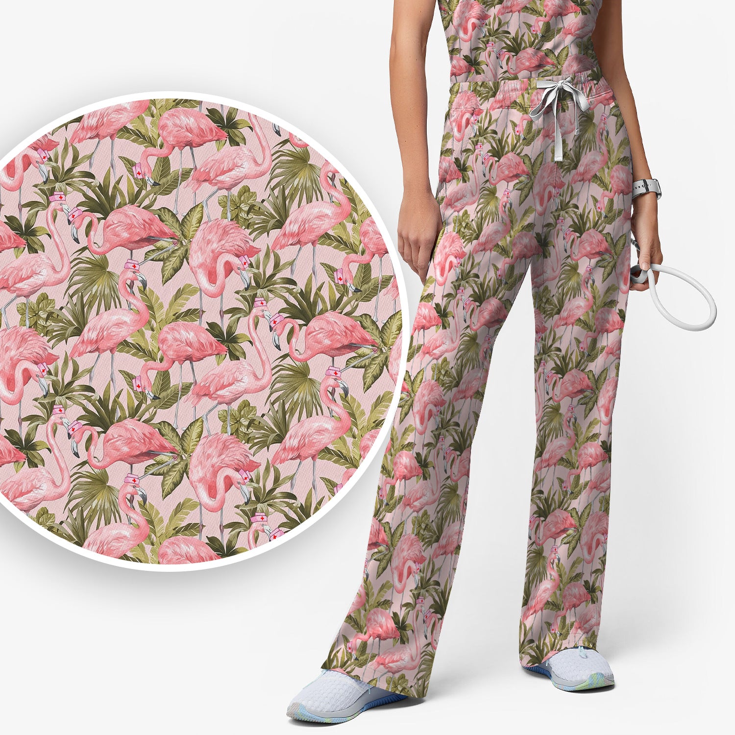 Pink Flamingo Jungle Leaves Pattern Scrub Set, Scrub Pants and V Neck Top