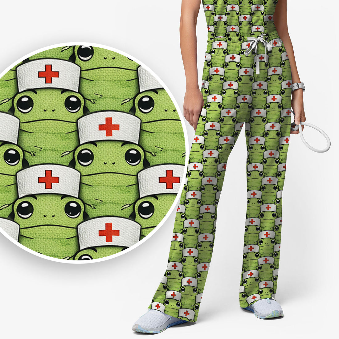 Funny Green Nurse Frog Scrub Set, Scrub Pants and V Neck Top