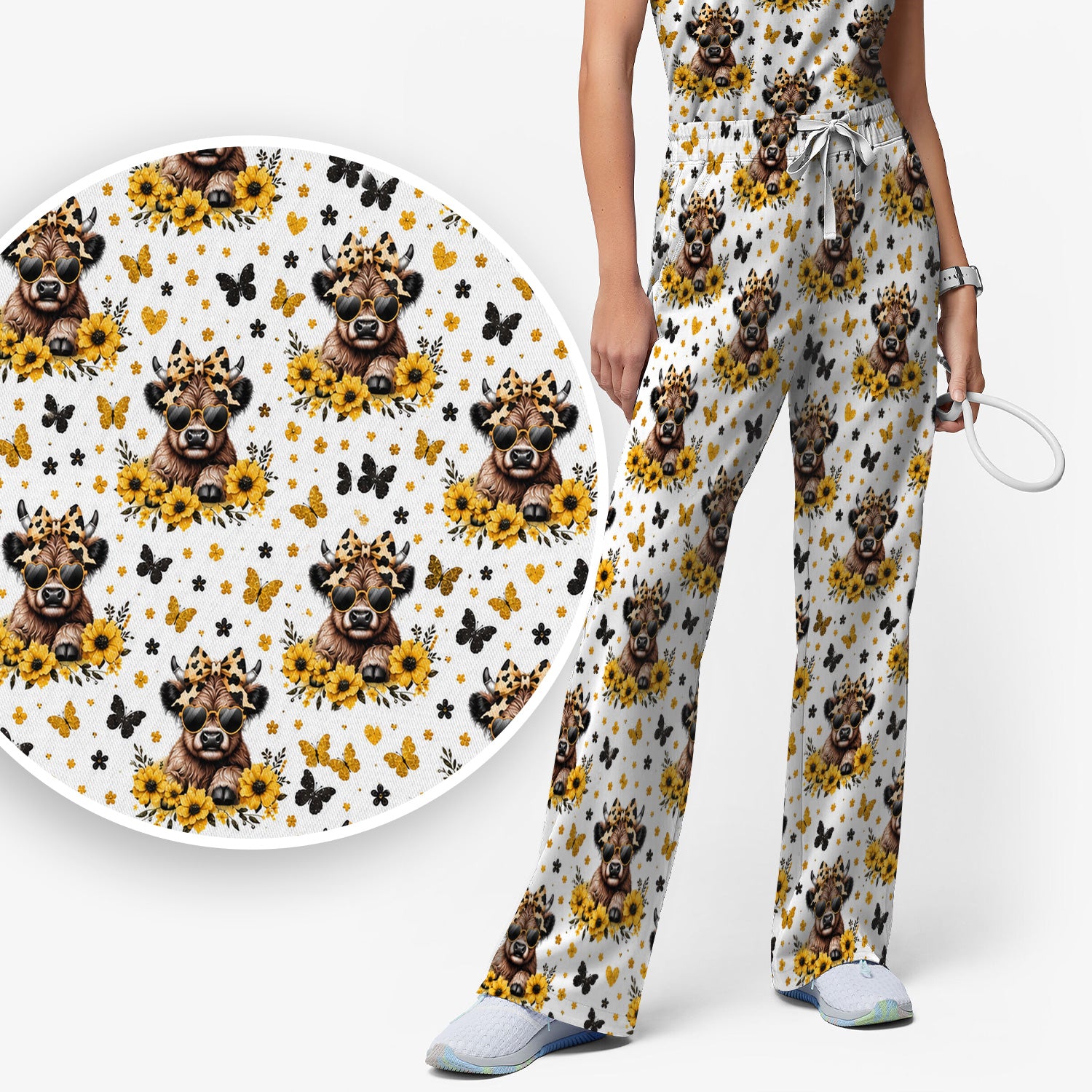 Cow With Sunflower Bow Pattern Scrub Set, Scrub Pants and V Neck Top