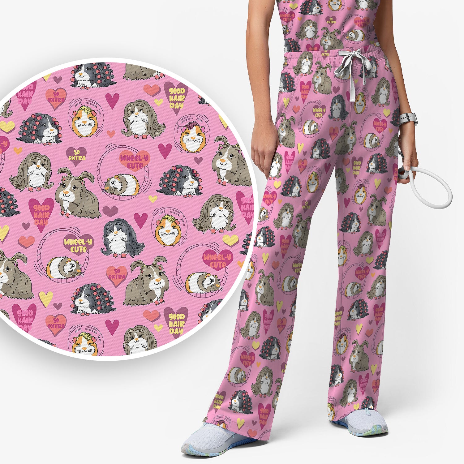 Cute Guinea Pig Heart Pattern Scrub Set, Scrub Pants and V Neck Top