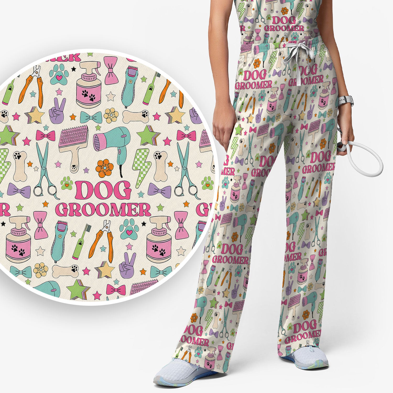 Dog Groomer Tools Pattern Women's Scrub Set, Scrub Pants and V Neck Top