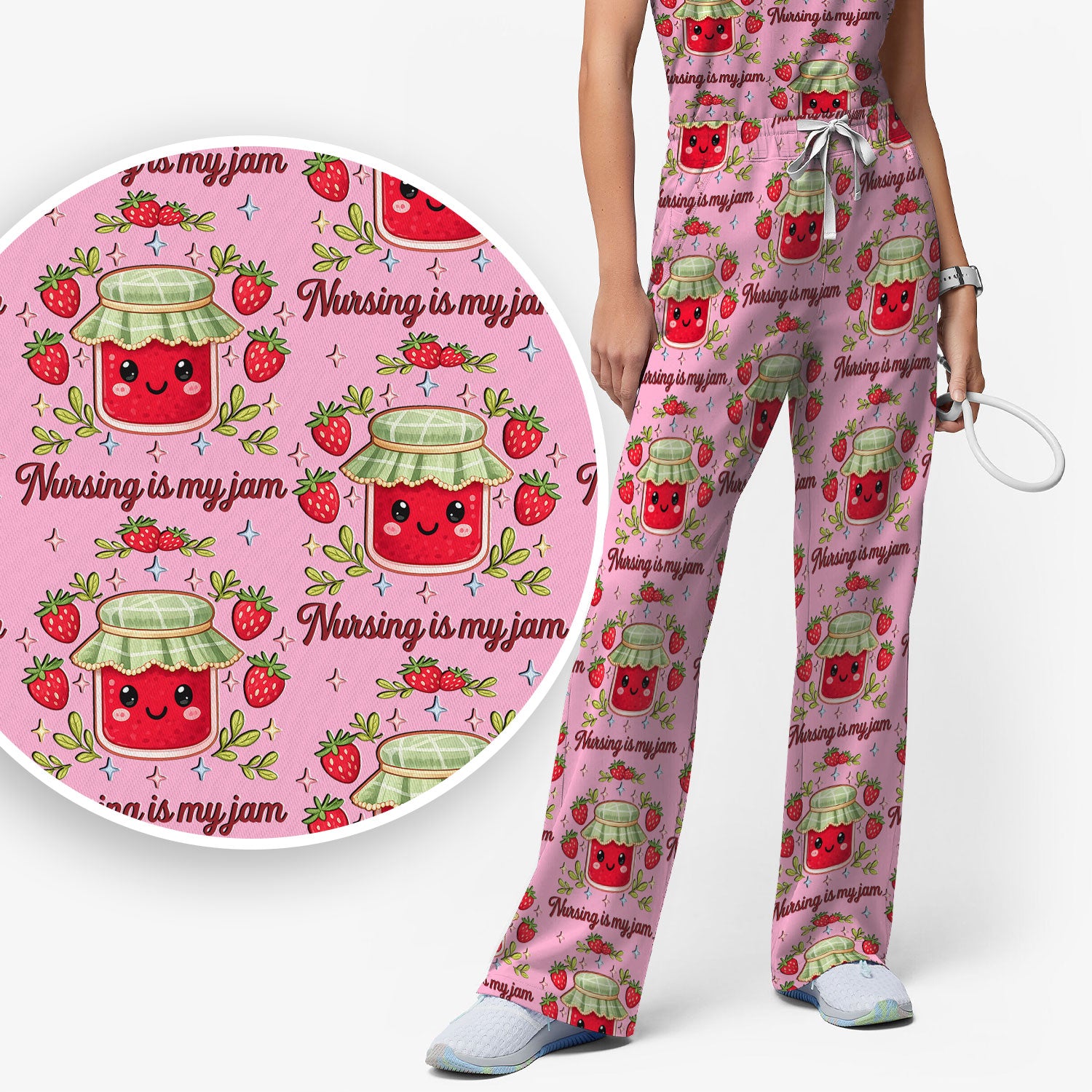Cute Strawberry Jam Nurse Pattern Scrub Set, Breathable Med Uniform