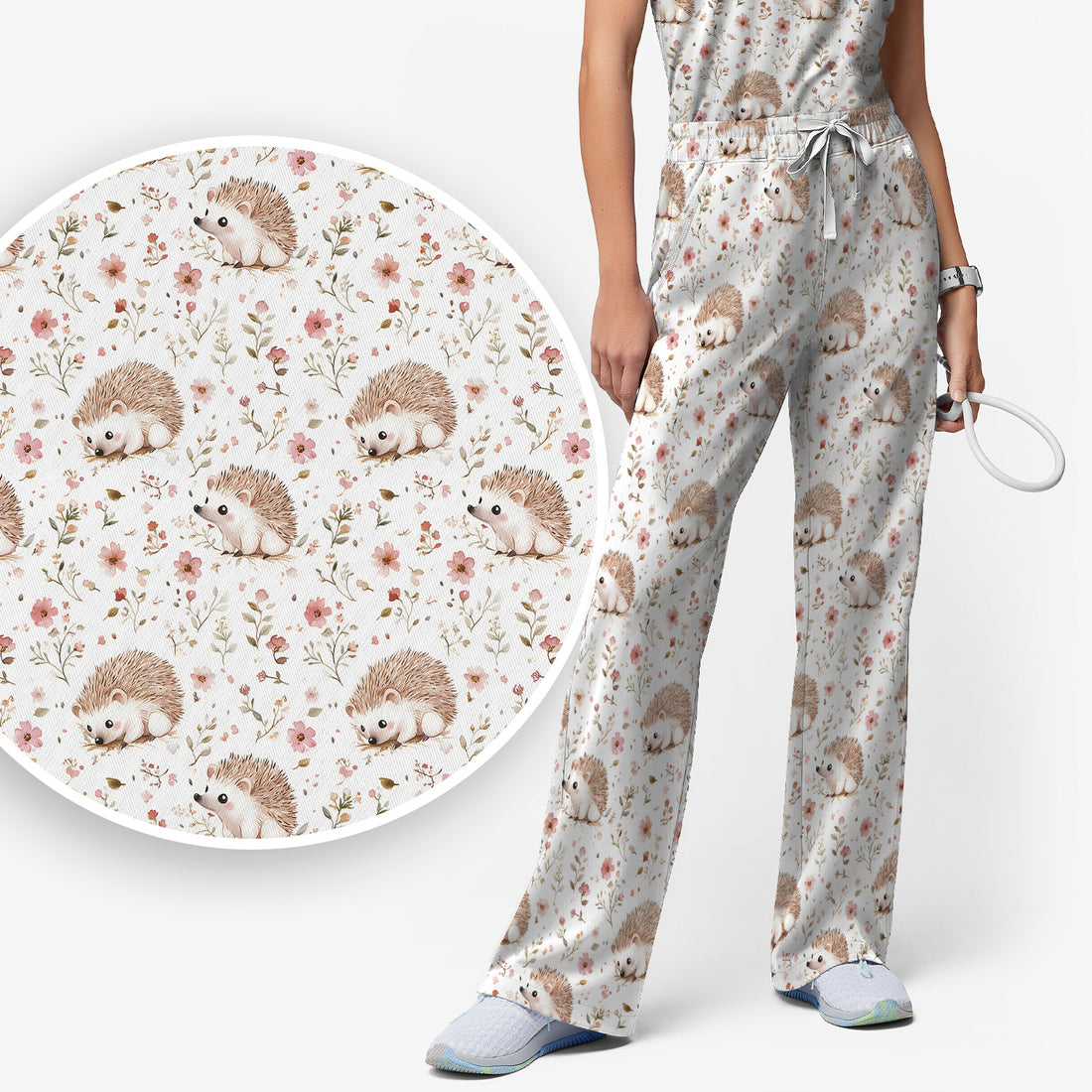 Cute Hedgehog Wildflower Garden Pattern Scrub Set, Scrub Pants and V Neck Top