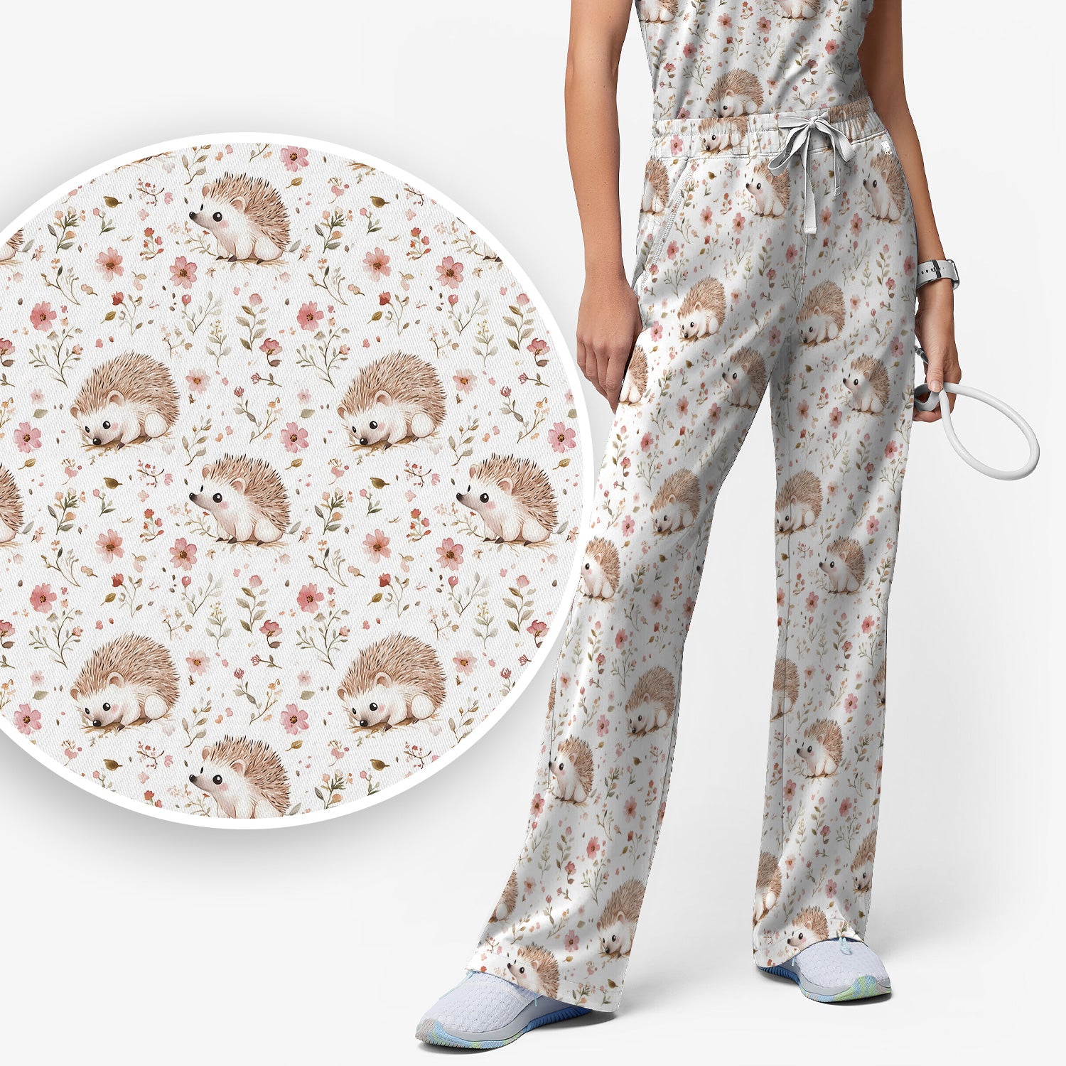 Cute Hedgehog Wildflower Garden Pattern Scrub Set, Scrub Pants and V Neck Top
