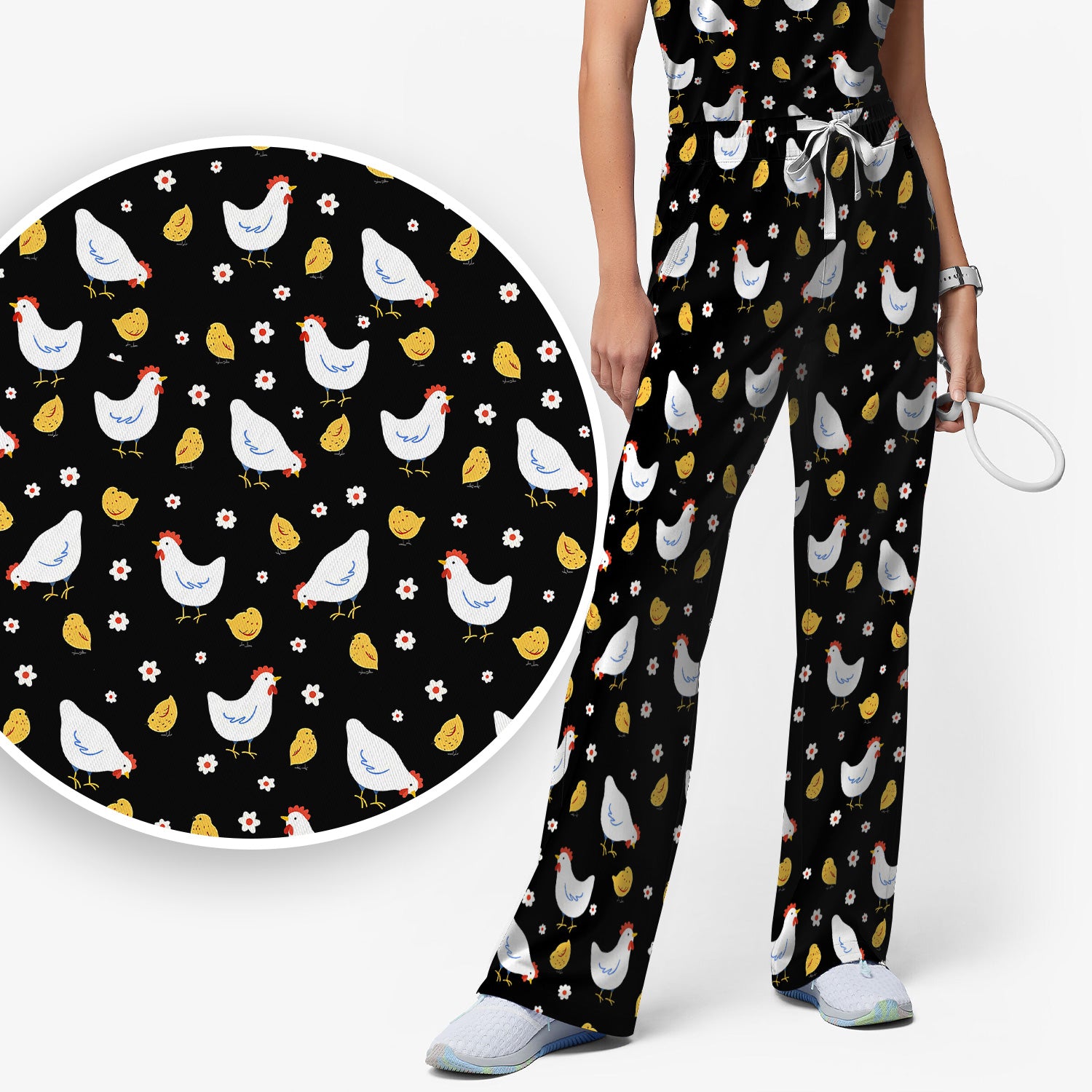 Chicken And Cute Chicks Pattern Scrubs Sets, Scrub Pants and V Neck Top