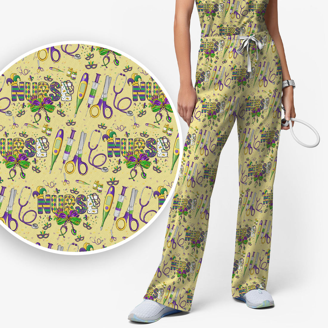 Mardi Gras Nurse Scrub Set, Holiday Medical Pattern Nurse Shirt, Breathable Fabrics Nursing Uniform