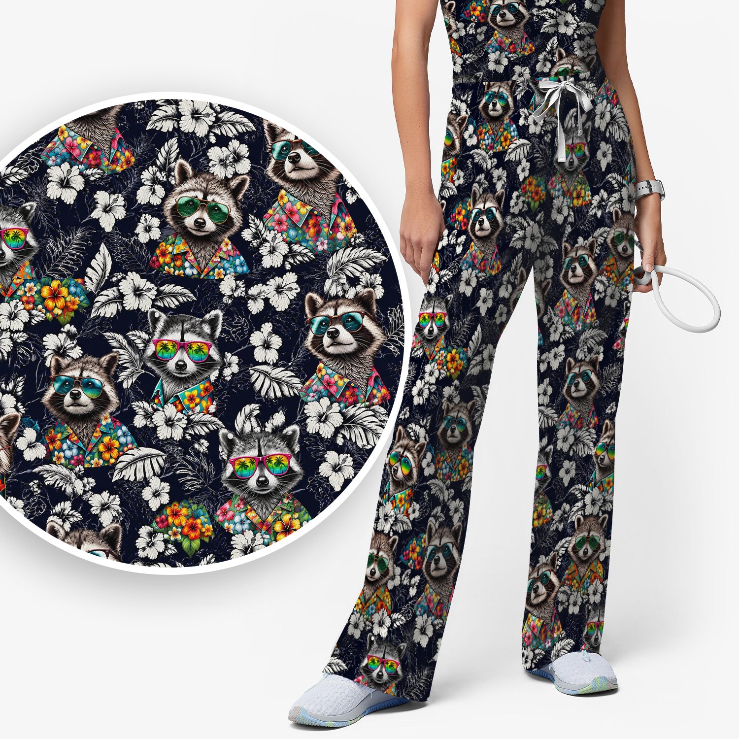 Tropical Raccoon Floral Pattern Scrub Set, Scrub Pants and V Neck Top