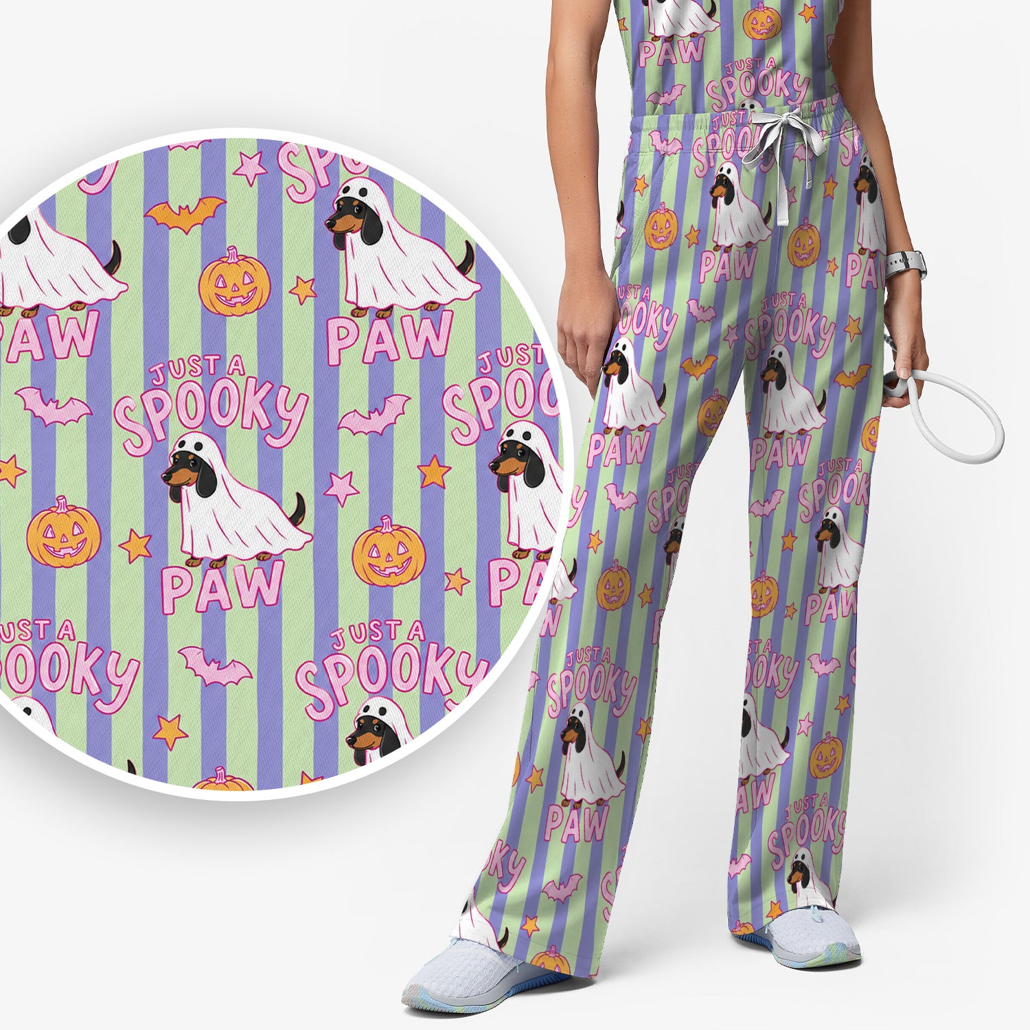 Just A Spooky Dachshund Paw Print Scrub Set, Scrub Pants and V Neck Top