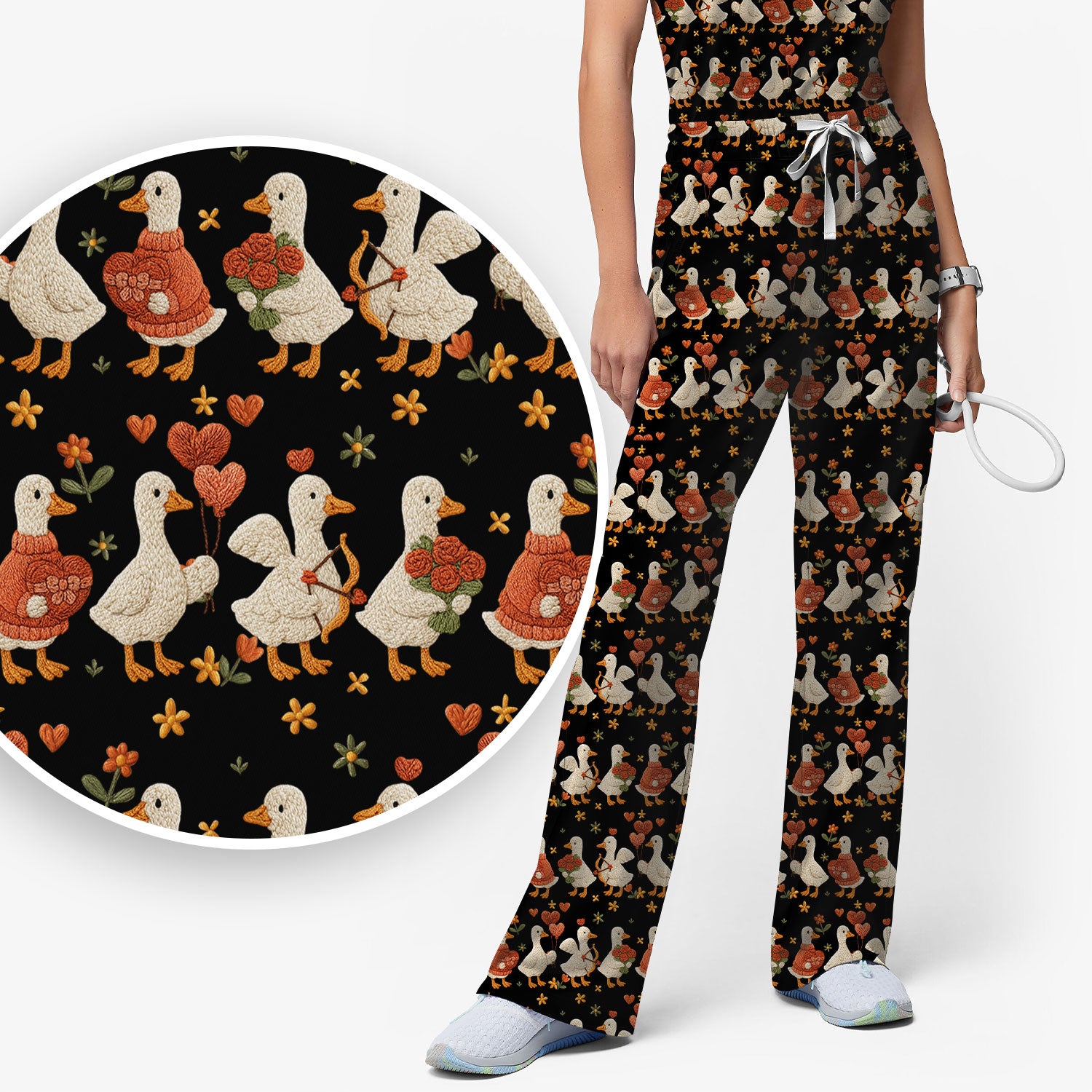 Cute Goose Nurse Scrub Set, Valentine Farm Medical Pattern Shirt, Breathable Fabrics Nursing Uniform