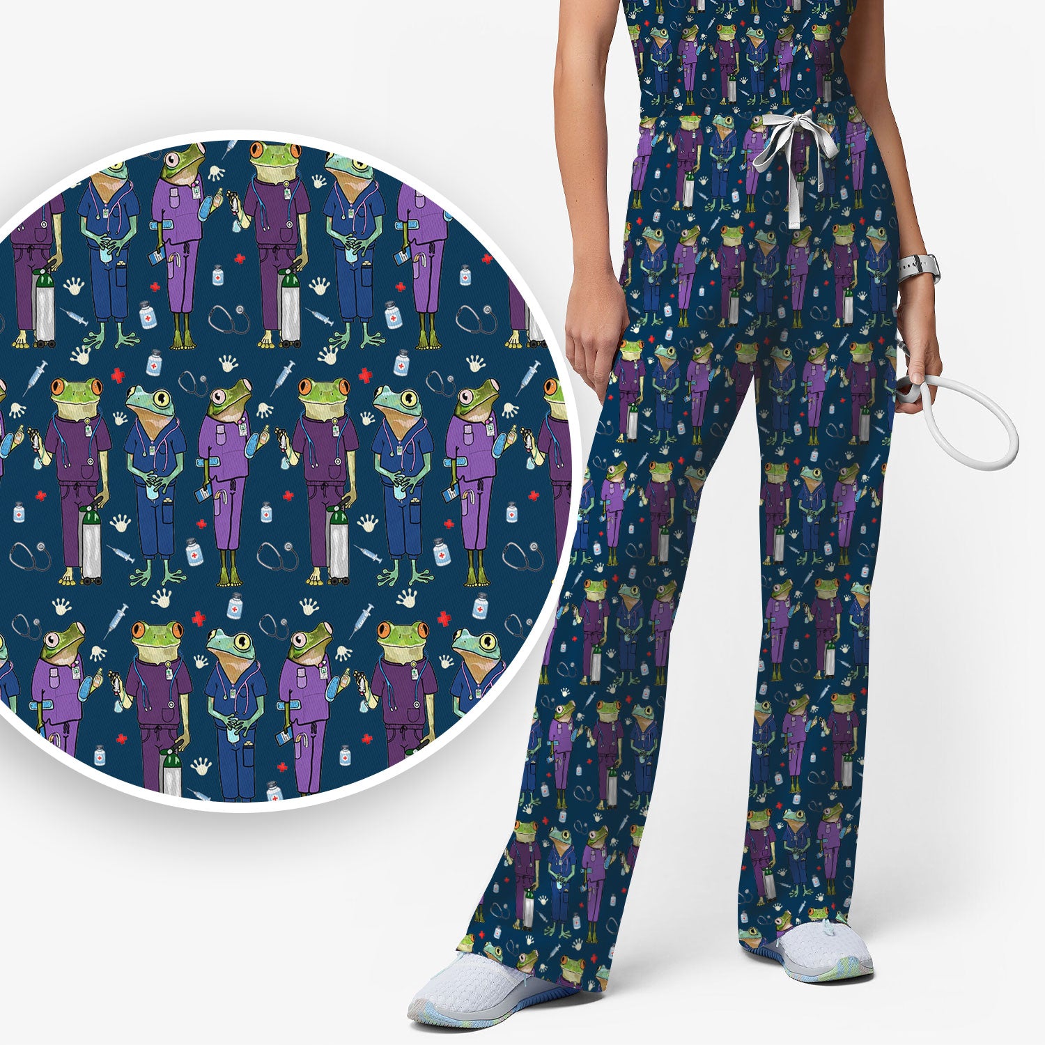 Funny Frog Nurse Pattern Scrub Set, Scrub Pants and V Neck Top