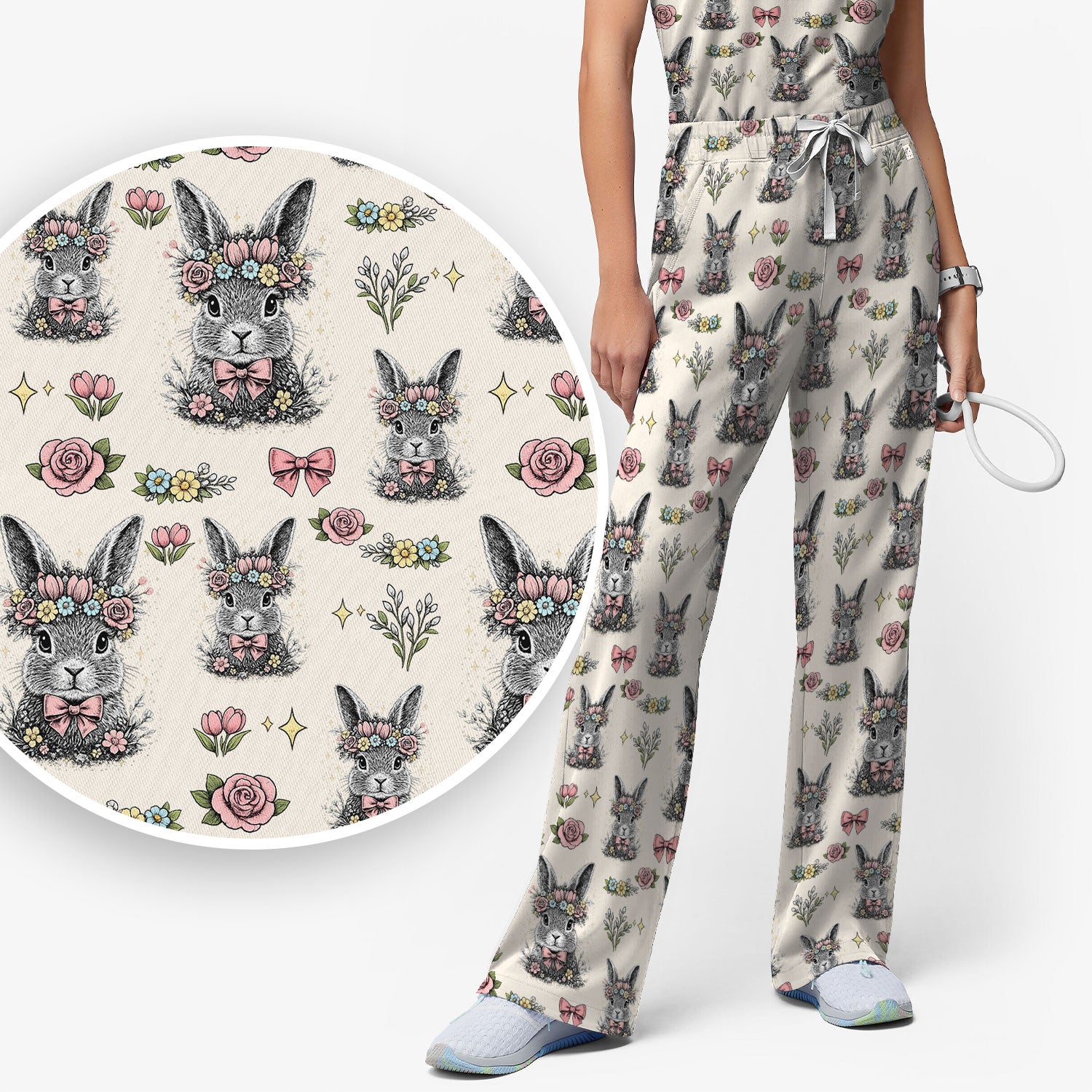 Vintage Floral Bunny Print Scrub Set, Scrub Pants and V Neck Top