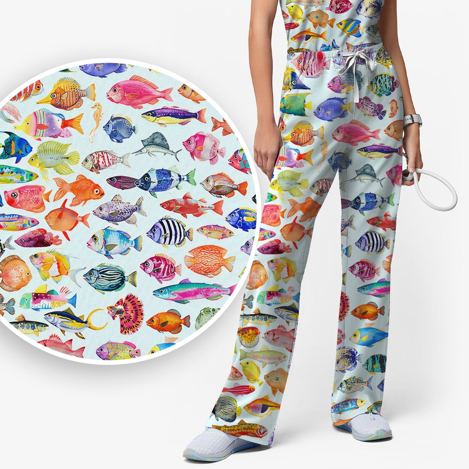 Colorful Tropical Fish Print Scrub Set, Scrub Pants and V Neck Top