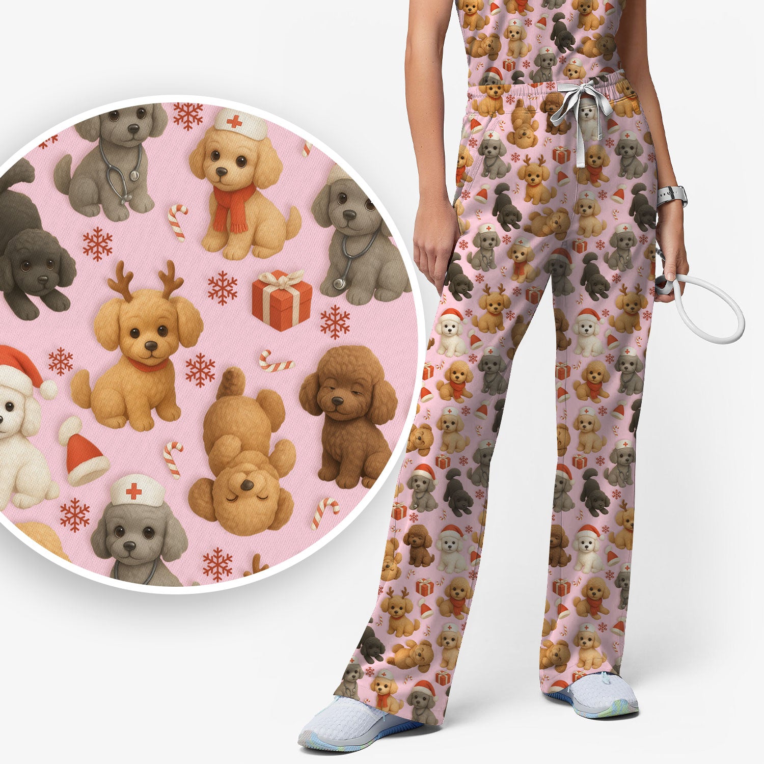 Christmas Poodle Scrubs Set for Women - Cute Dog Pattern Scrub Top & Pants - Festive Holiday Christmas Scrubs with Adorable Poodle Design