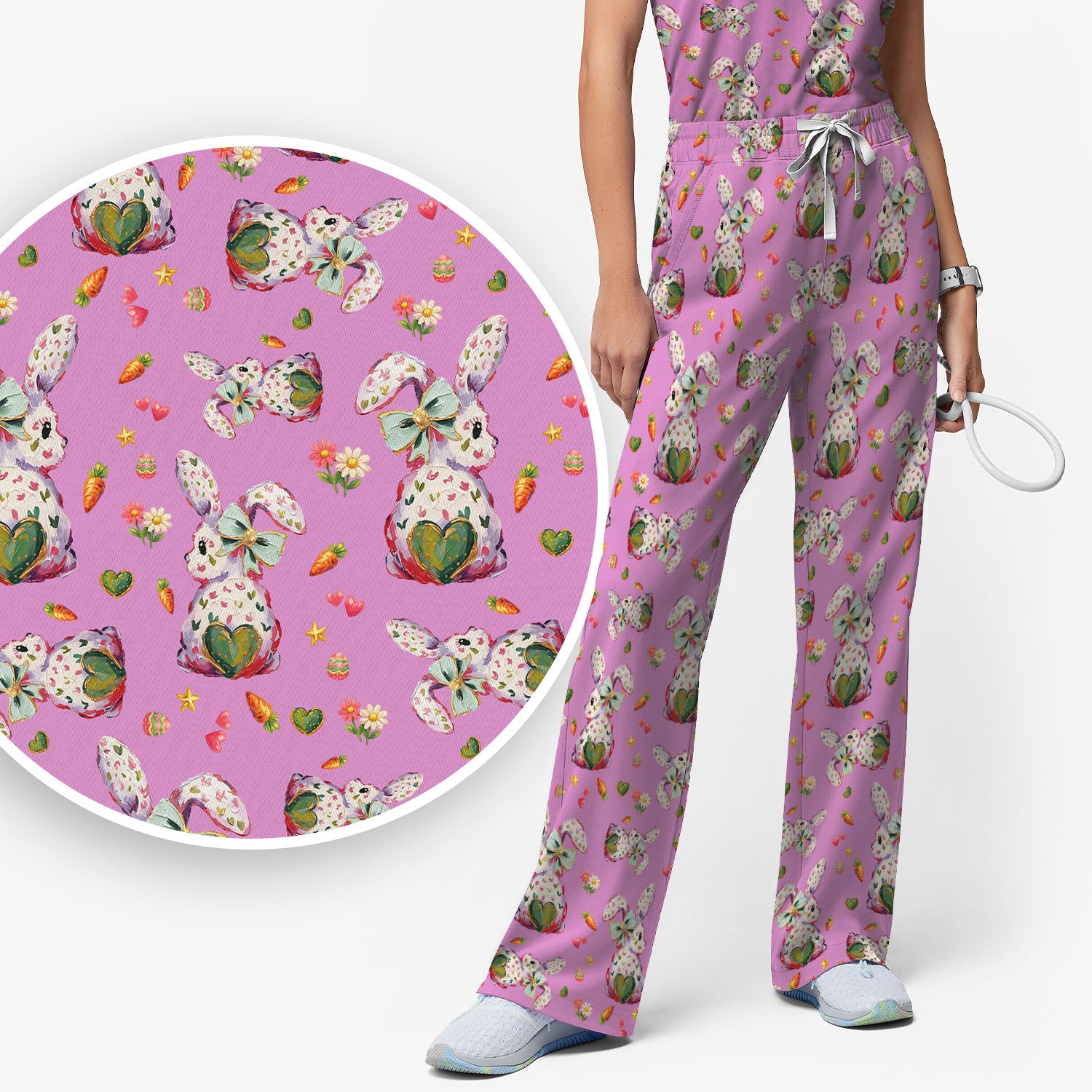 Cute Pastel Bunny Easter Pattern Scrub Set, Scrub Pants and V Neck Top