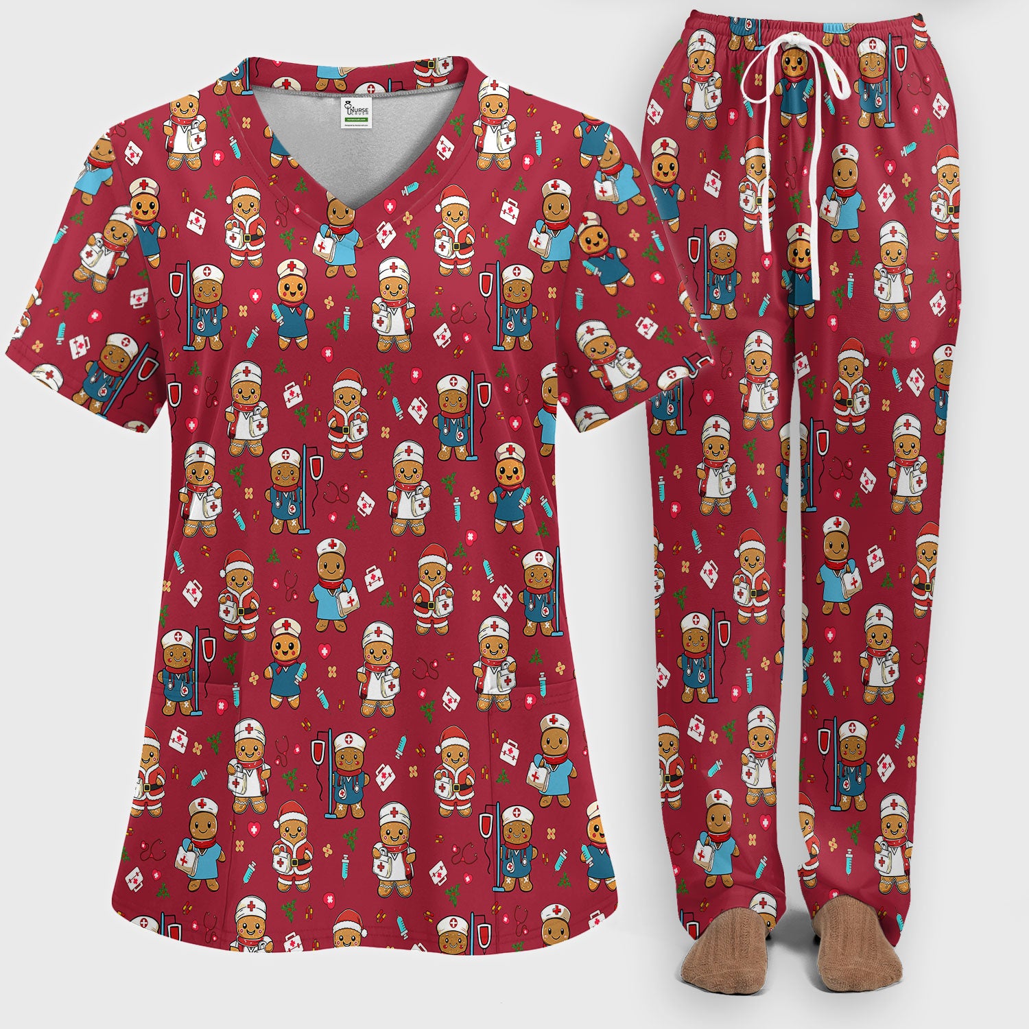 Gingerbread with Santa Nurse Scrub Set - Santa’s Favorite Nurse Holiday Gift - Medical Uniform for RN LPN CNA - Funny Xmas Ugly Sweater