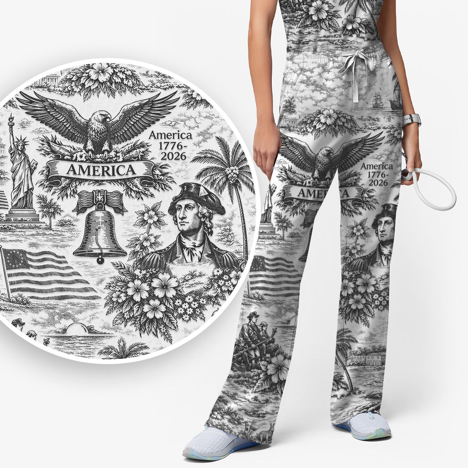 Patriotic America Heritage Toile Pattern Scrub Set, Women's Scrub Sets