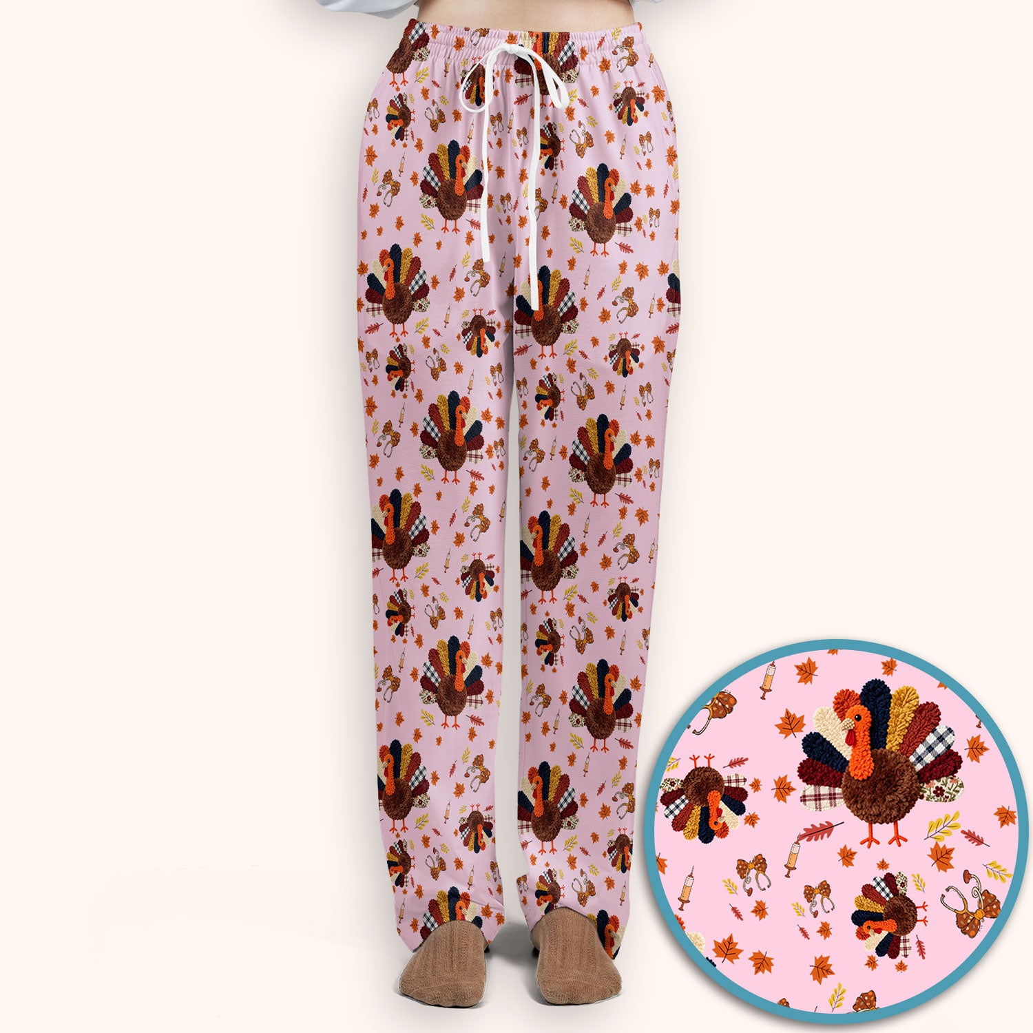 Funny Thanksgiving Nurse Scrub Sets - Fall Leaves and Pumpkin Scrub Pants and V Neck Top - Autumn Turkey Med Uniform