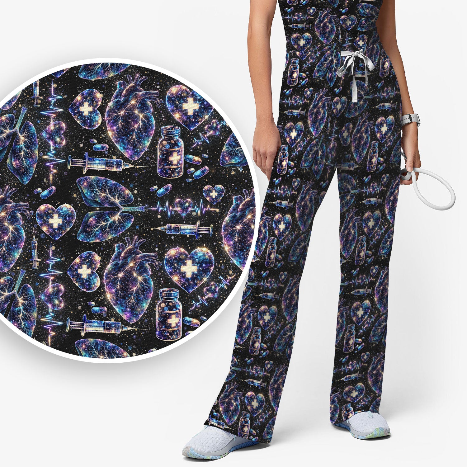 Galaxy Anatomical Heart Lung Syringe Print Scrub Set, Breathable Med Uniform