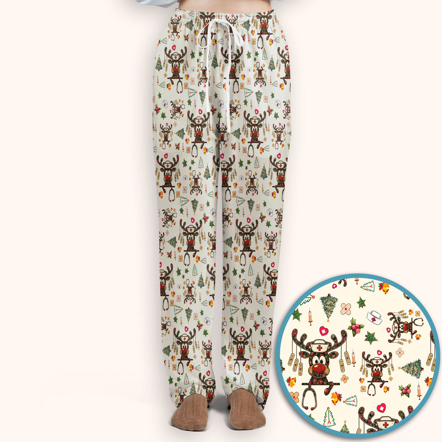 Reindeer Christmas Nurse Scrub Set - Funny Holiday Scrubs Pants and V Neck Top - Cute Medical Uniform for Women