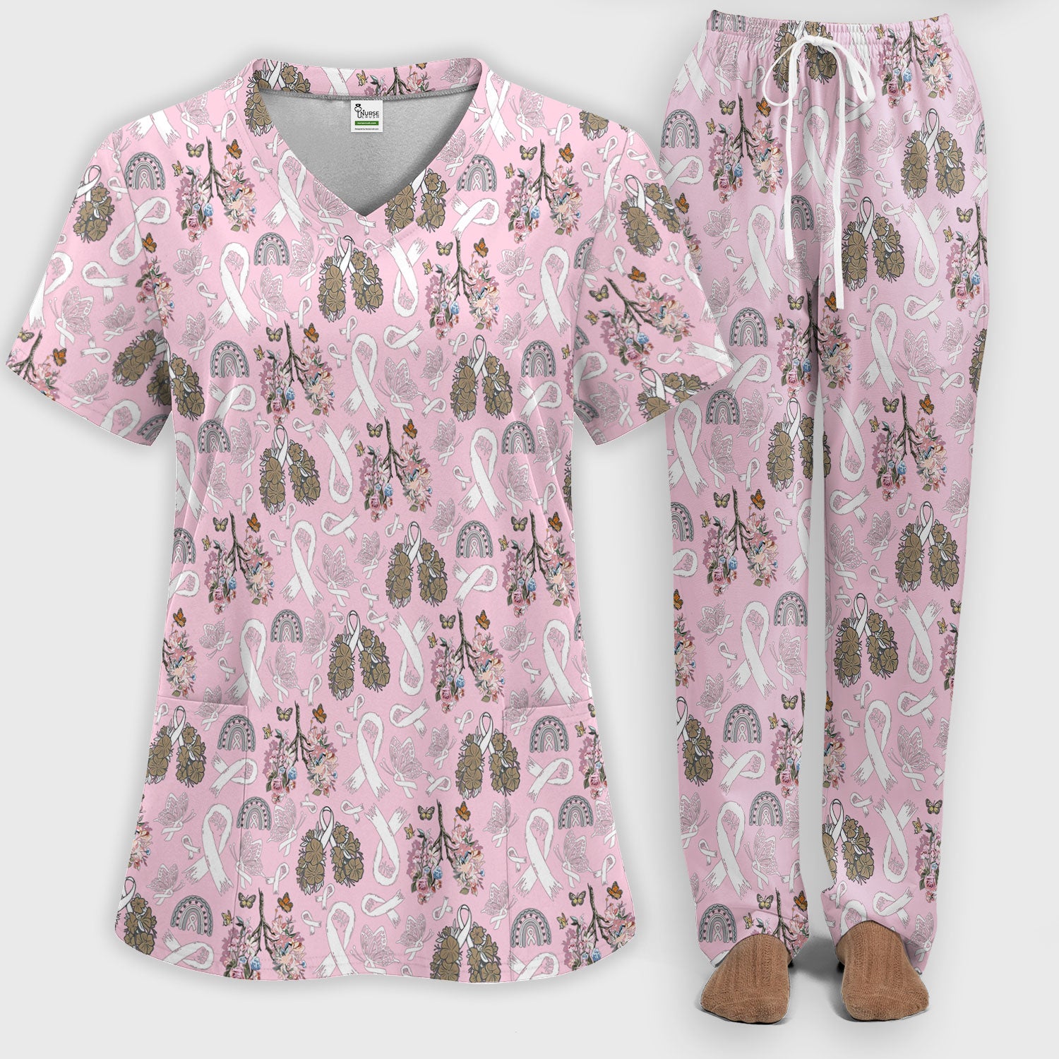 Lung Cancer Awareness Scrub Sets for Nurse - White Ribbon Butterfly Floral Scrub Pants and V Neck Top - Breathable Med Uniform for Women
