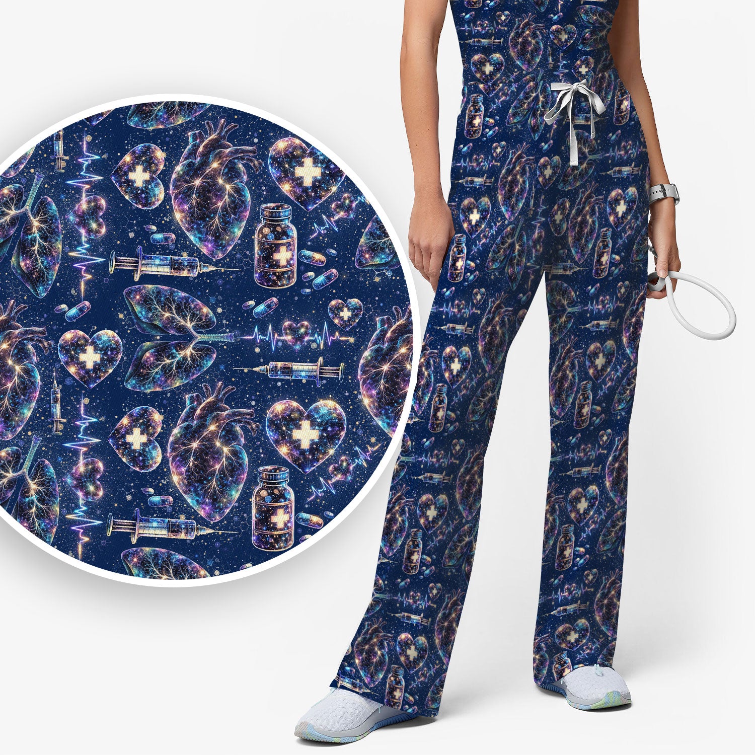 Galaxy Anatomical Heart Lung Syringe Print Scrub Set, Breathable Med Uniform