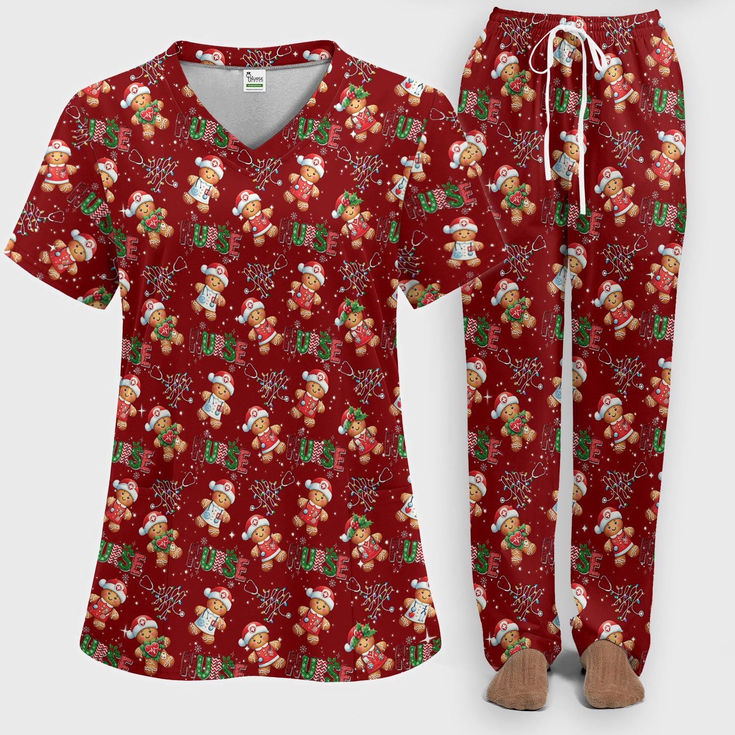 Christmas Gingerbread Women's Scrub Sets - Comfortable Scrubs for Nurses - Funny Xmas Scrub Pants and V Neck Top for RN CNA LPN