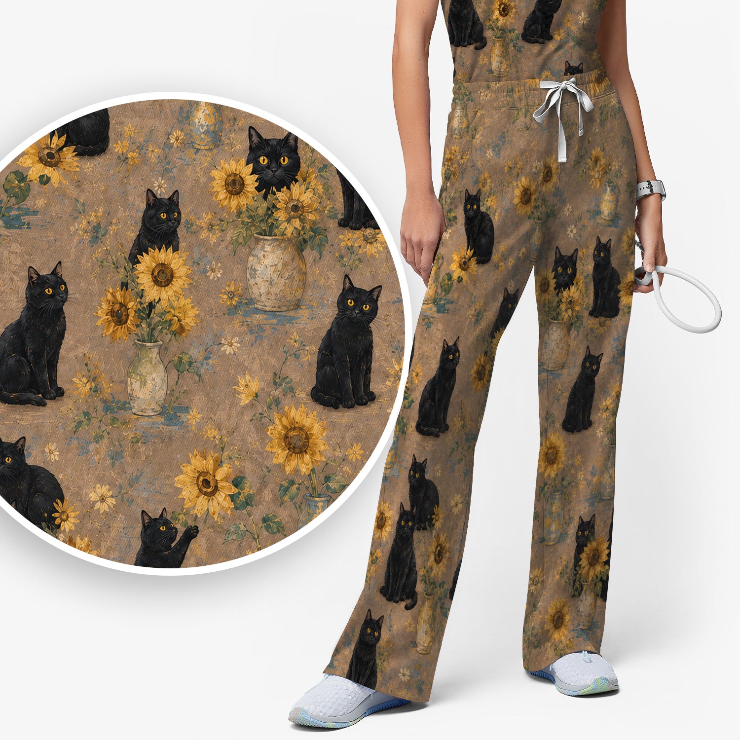 Rustic Sunflower Black Cat Print Scrub Set, Scrub Pants and V Neck Top