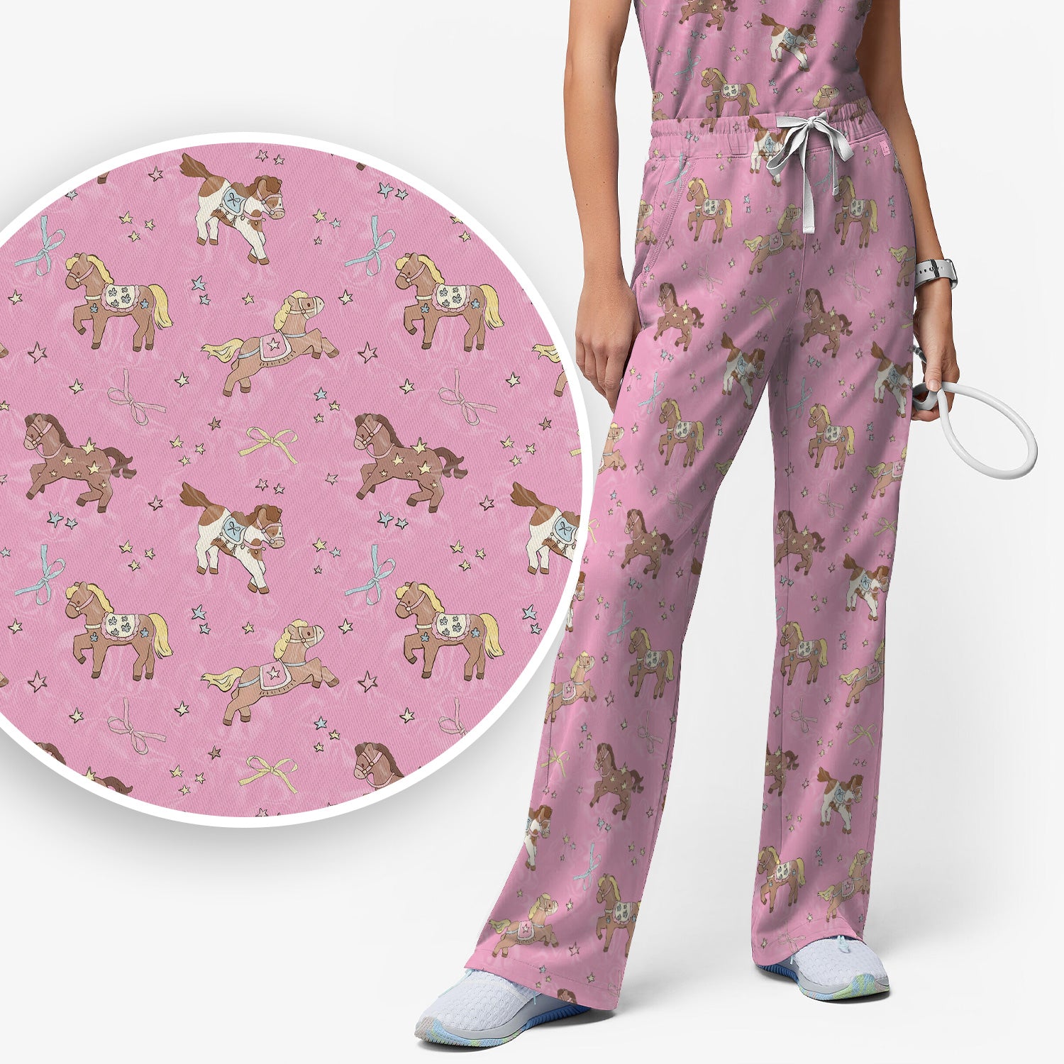Cute Pony Star Pattern Scrub Set, Breathable Med Uniform