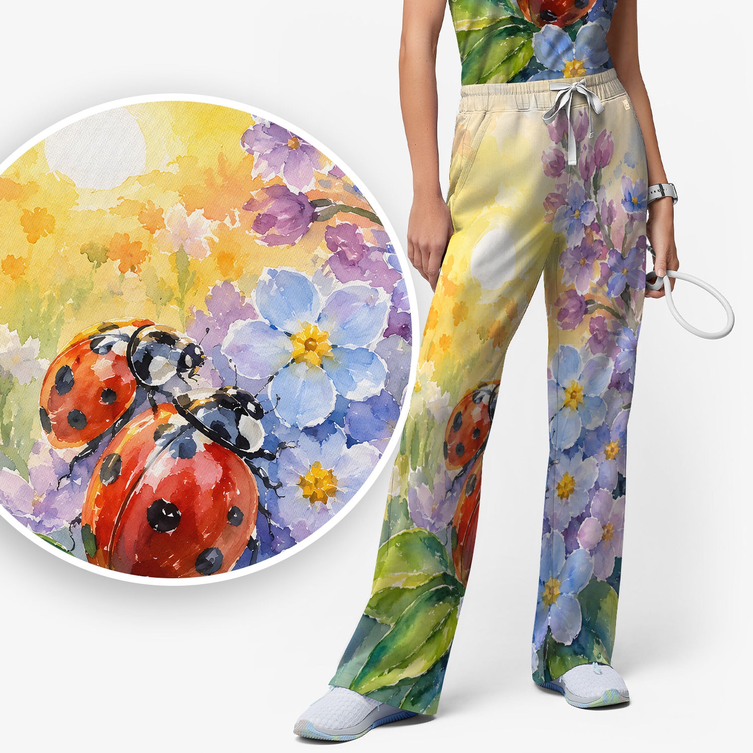 Ladybug Spring Flower Garden Print Scrub Set, Scrub Pants and V Neck Top