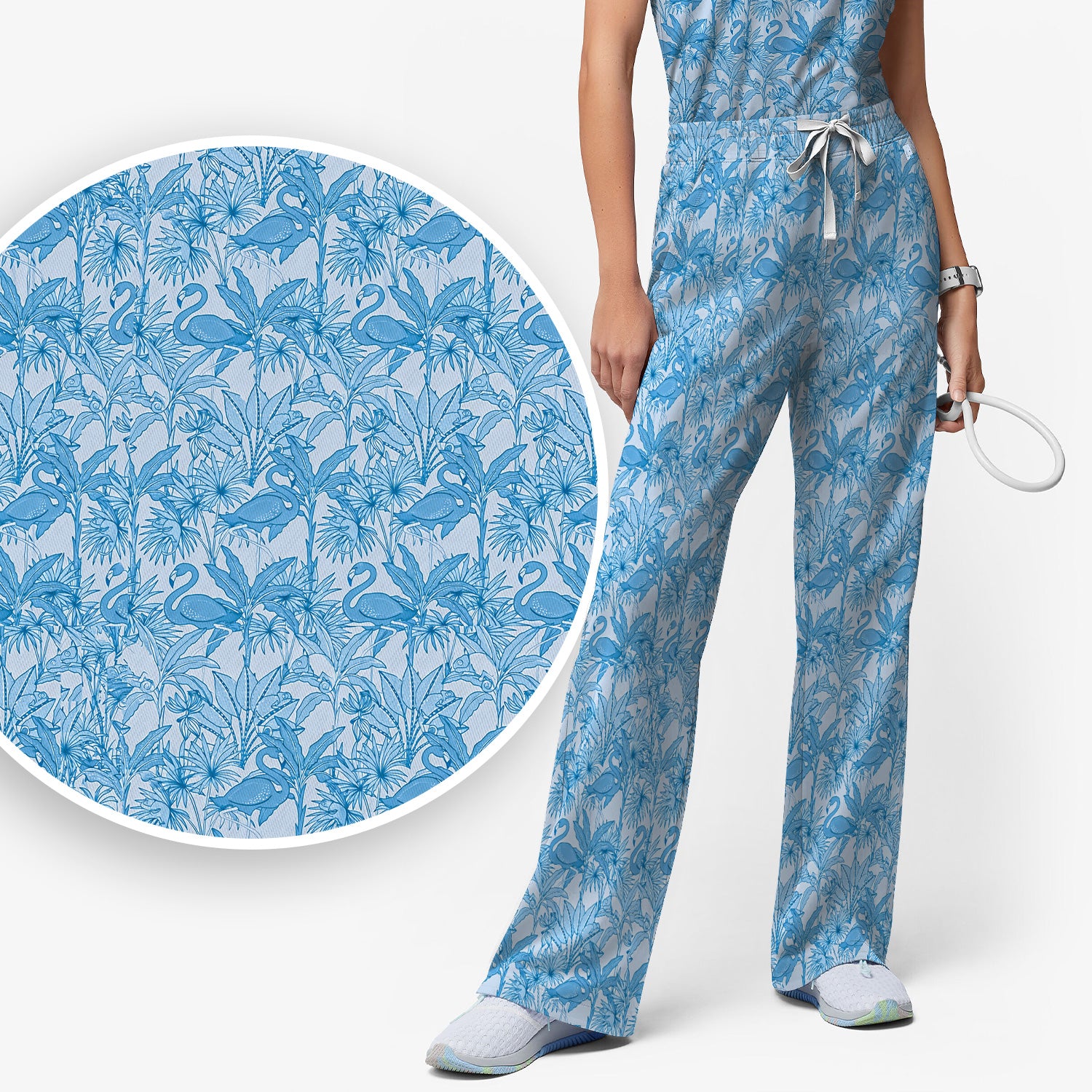 Tropical Flamingo Palm Leaves Pattern Scrub Top, Breathable Fabrics Nursing Uniform