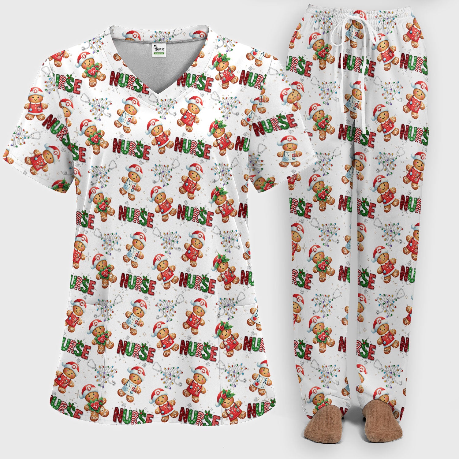 Christmas Gingerbread Women's Scrub Sets - Comfortable Scrubs for Nurses - Xmas Scrub Pants and V Neck Top for Her